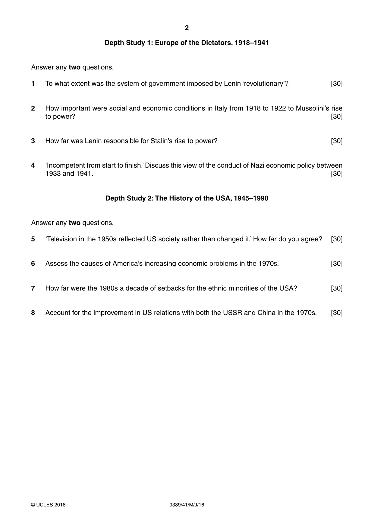 Cambridge A Level History 9389 2016 May/June Paper 4 · Variant 1 question paper, page 2 of 4