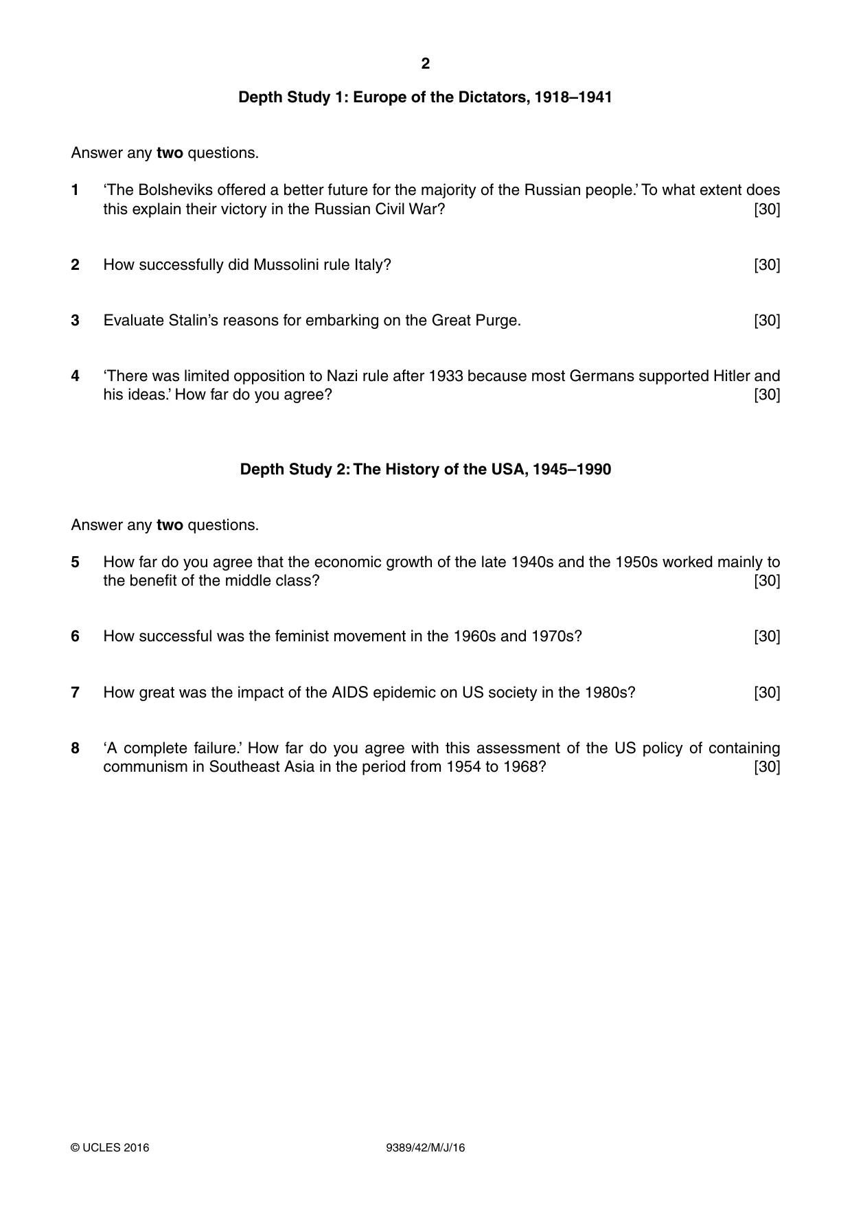 Cambridge A Level History 9389 2016 May/June Paper 4 · Variant 2 question paper, page 2 of 4
