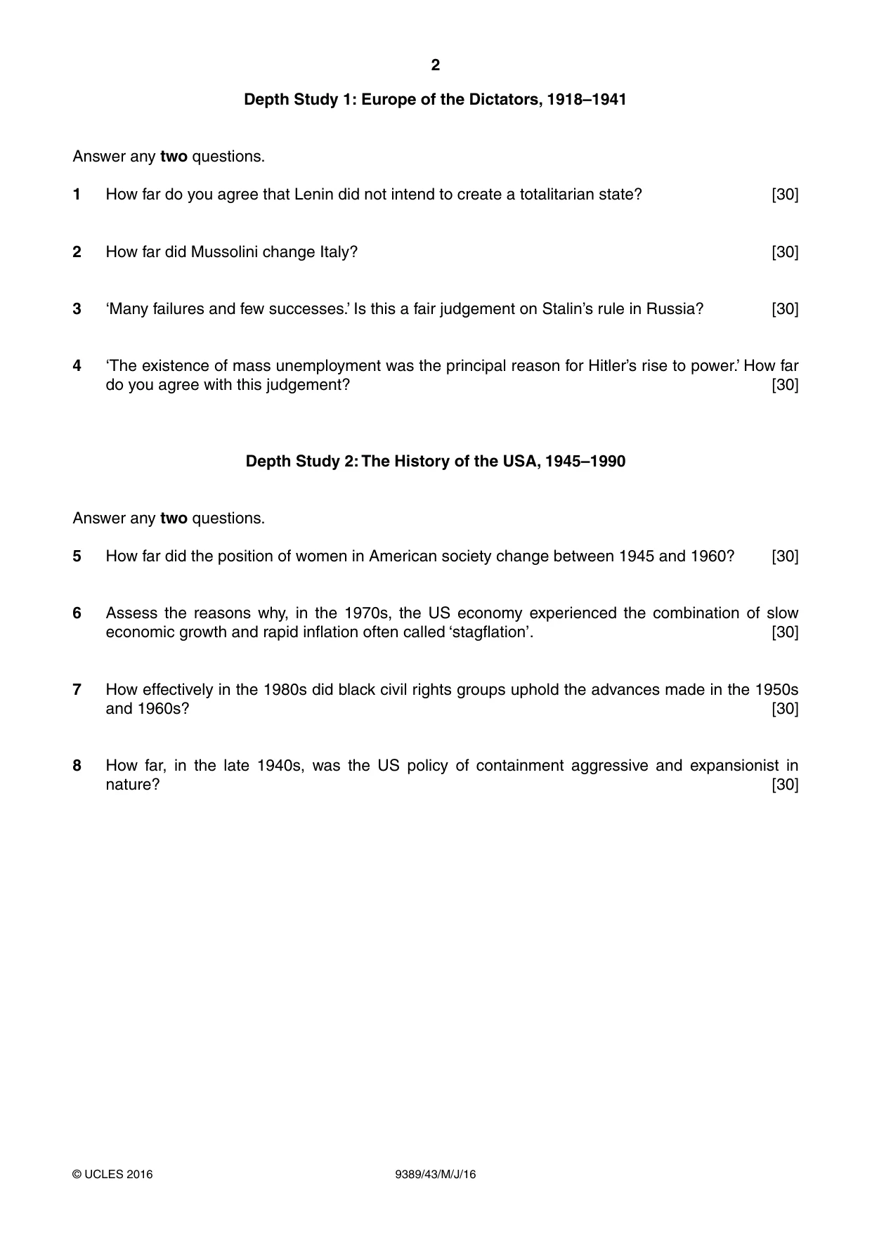 Cambridge A Level History 9389 2016 May/June Paper 4 · Variant 3 question paper, page 2 of 4