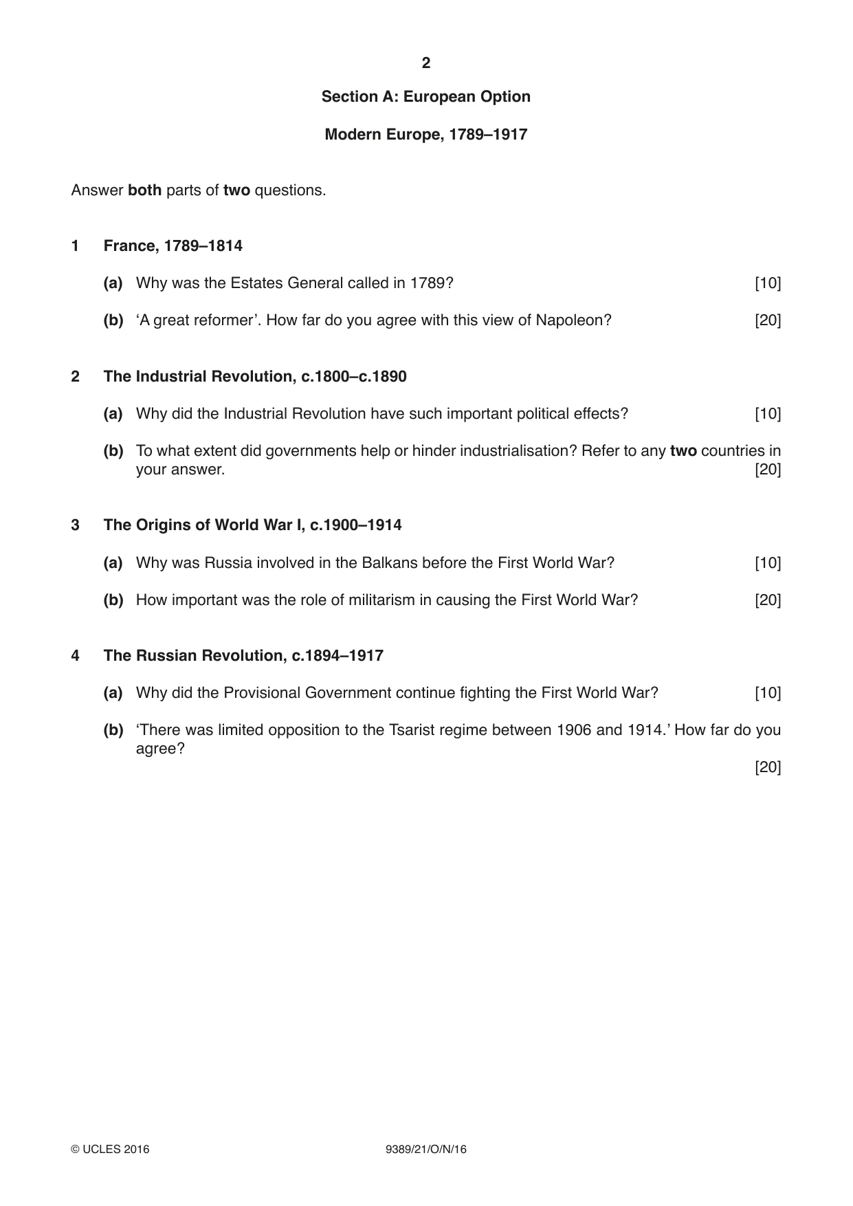 Cambridge A Level History 9389 2016 Oct/Nov Paper 2 · Variant 1 question paper, page 2 of 4