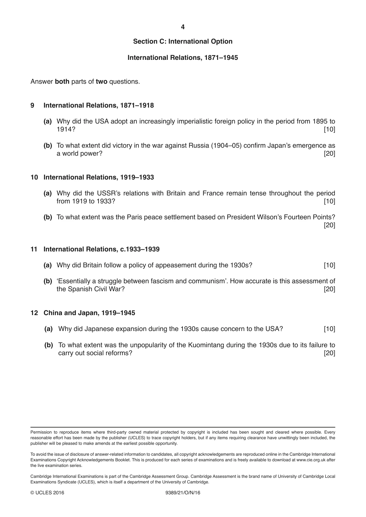 Cambridge A Level History 9389 2016 Oct/Nov Paper 2 · Variant 1 question paper, page 4 of 4