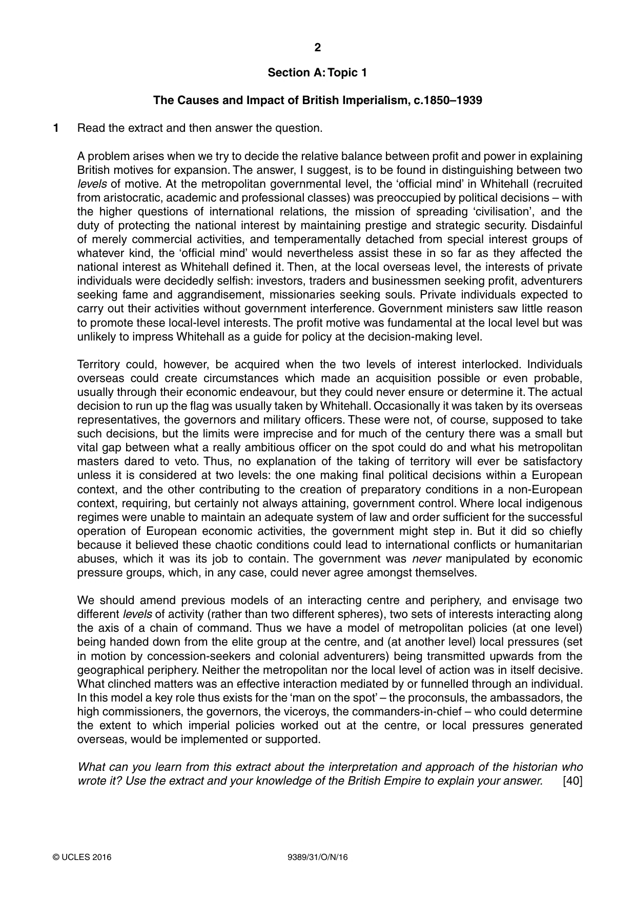 Cambridge A Level History 9389 2016 Oct/Nov Paper 3 · Variant 1 question paper, page 2 of 4
