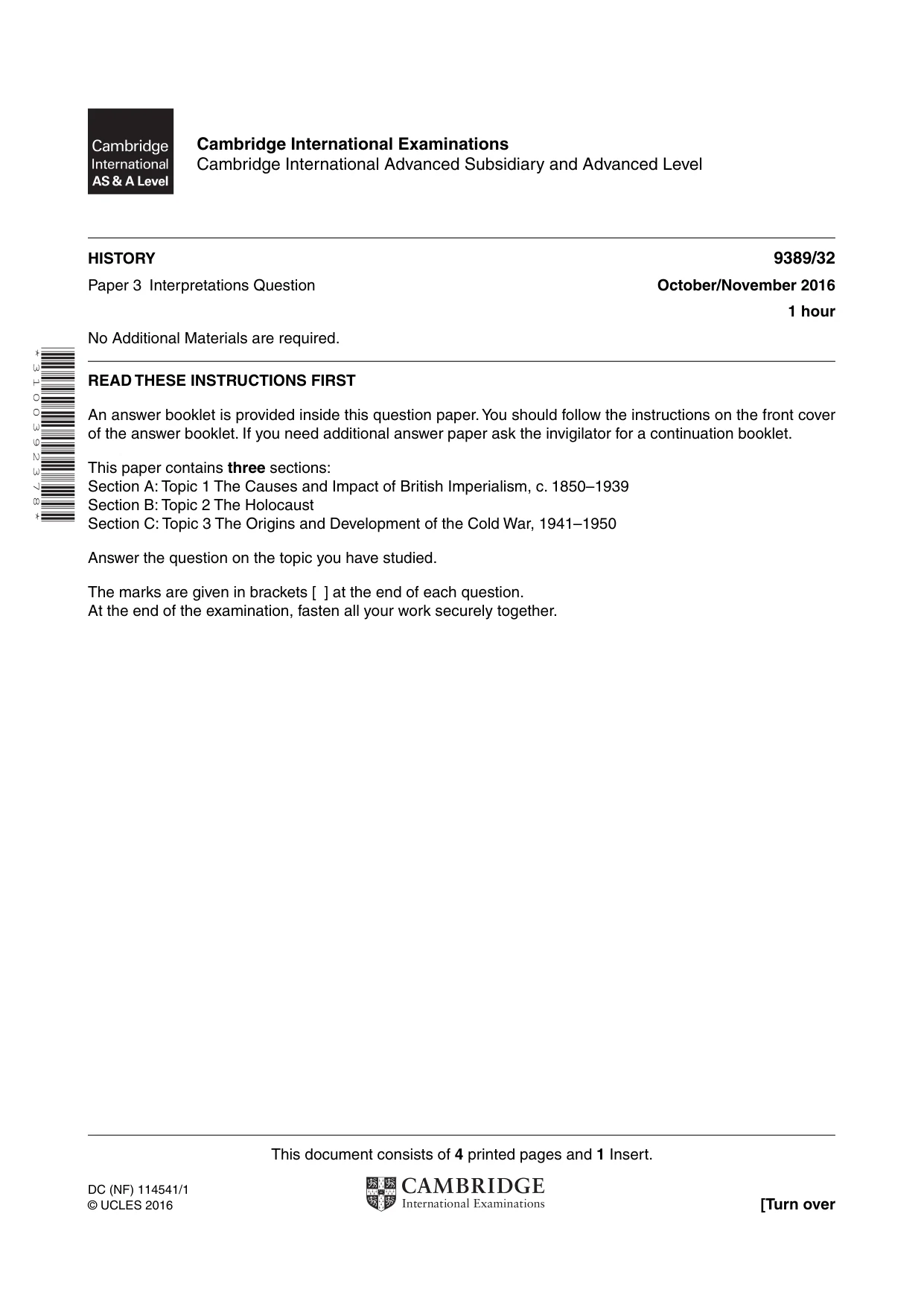 Cambridge A Level History 9389 2016 Oct/Nov Paper 3 · Variant 2 question paper, page 1 of 4