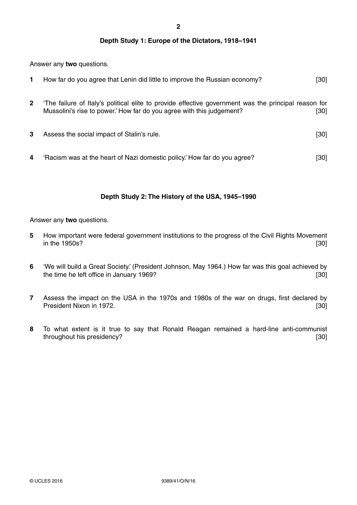 Cambridge A Level History 9389 2016 Oct/Nov Paper 4 · Variant 1 question paper, page 2 of 4