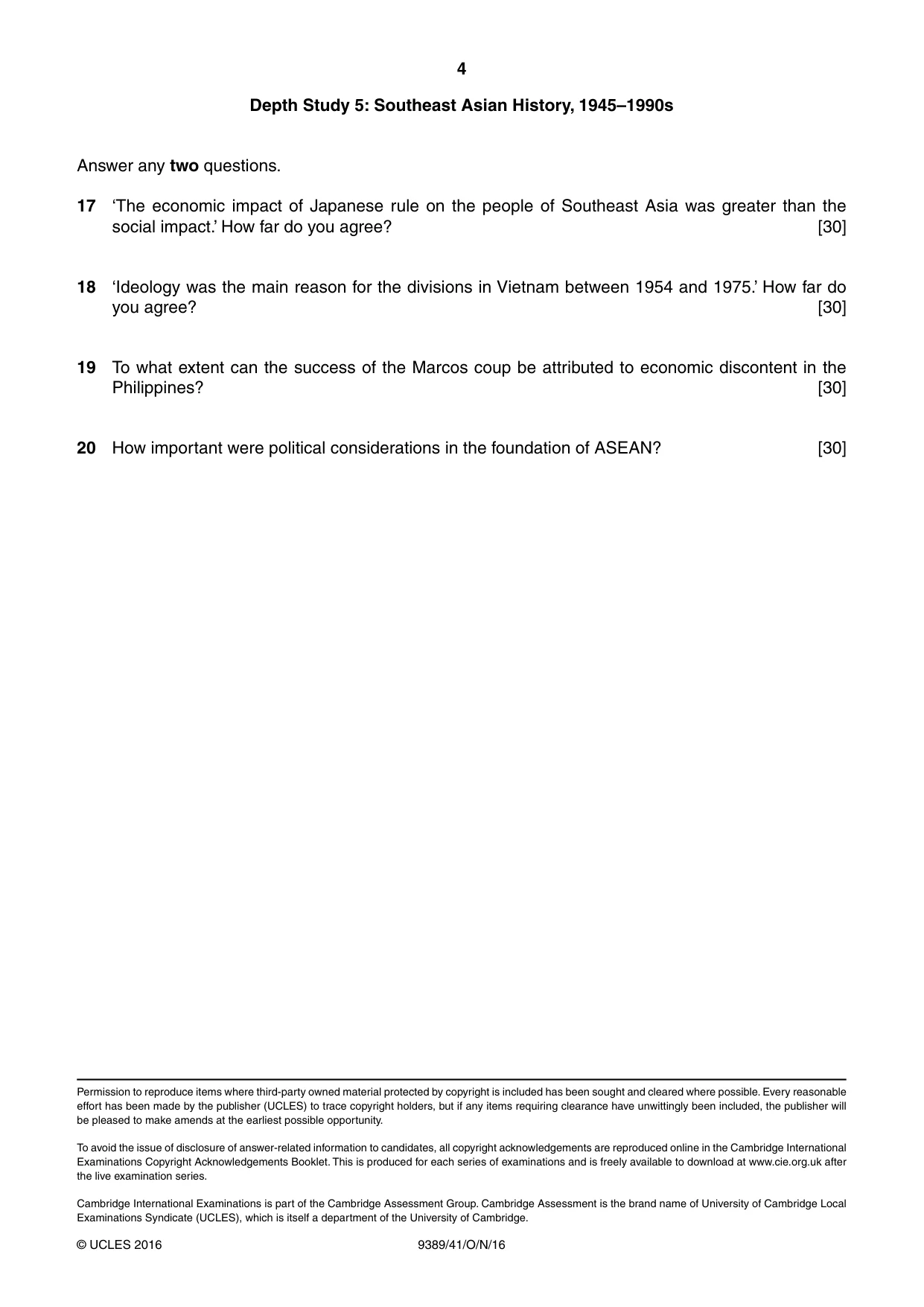 Cambridge A Level History 9389 2016 Oct/Nov Paper 4 · Variant 1 question paper, page 4 of 4