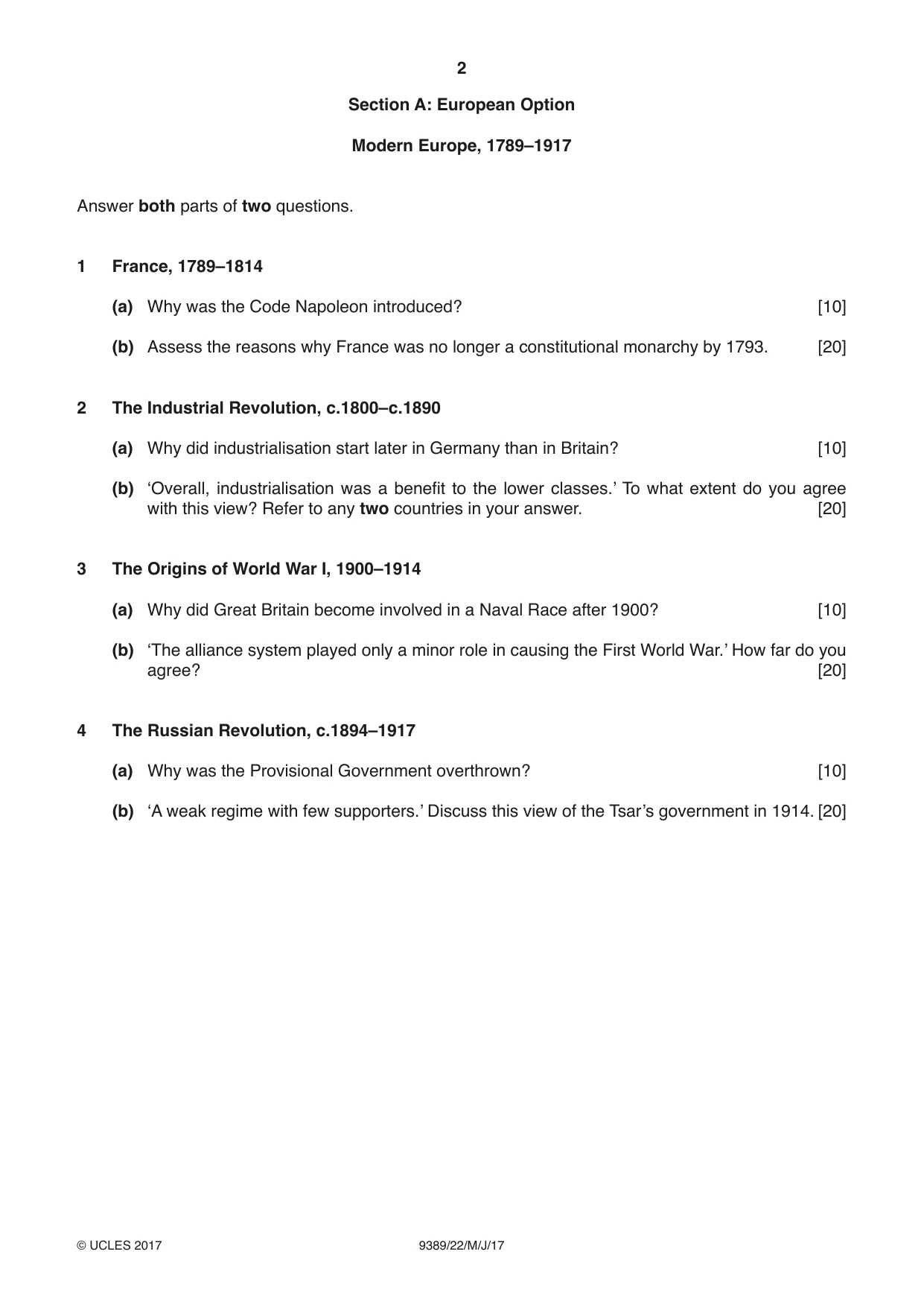 Cambridge A Level History 9389 2017 May/June Paper 2 · Variant 2 question paper, page 2 of 4