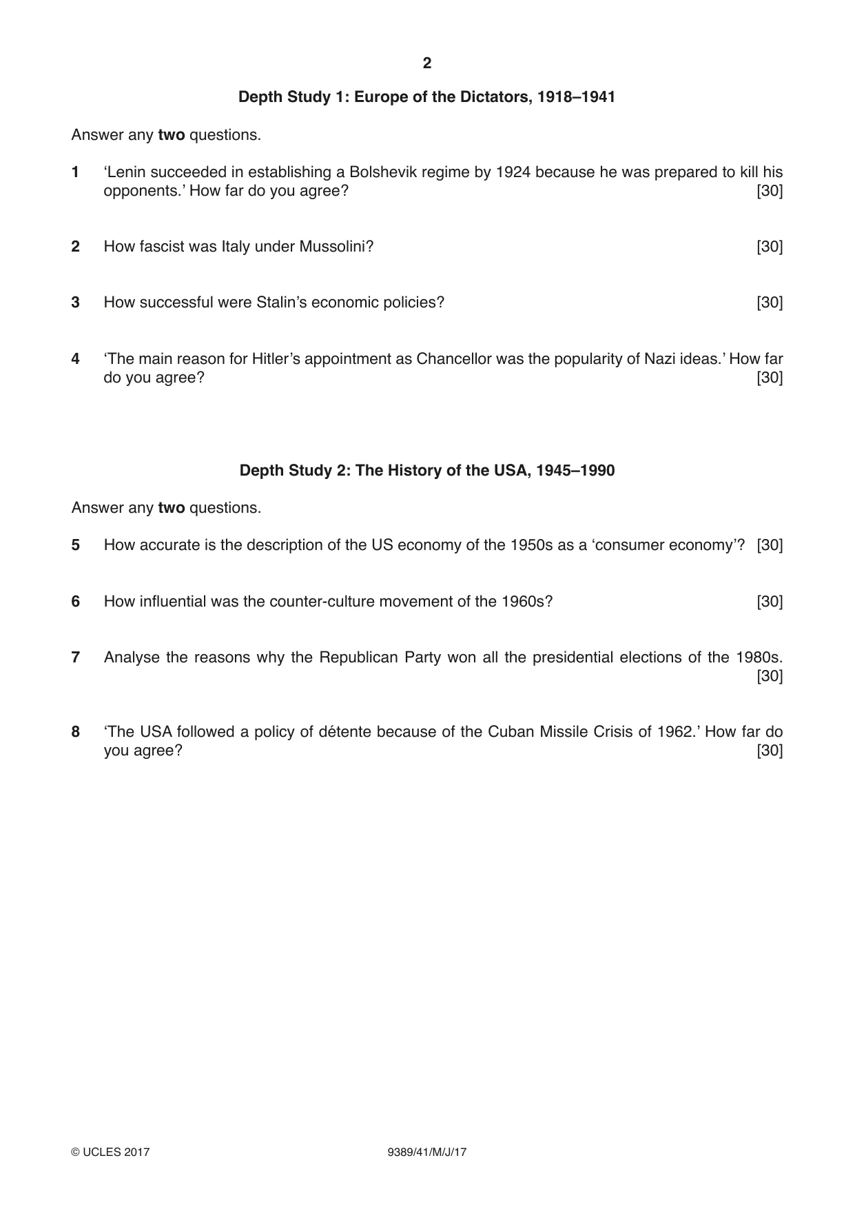 Cambridge A Level History 9389 2017 May/June Paper 4 · Variant 1 question paper, page 2 of 4