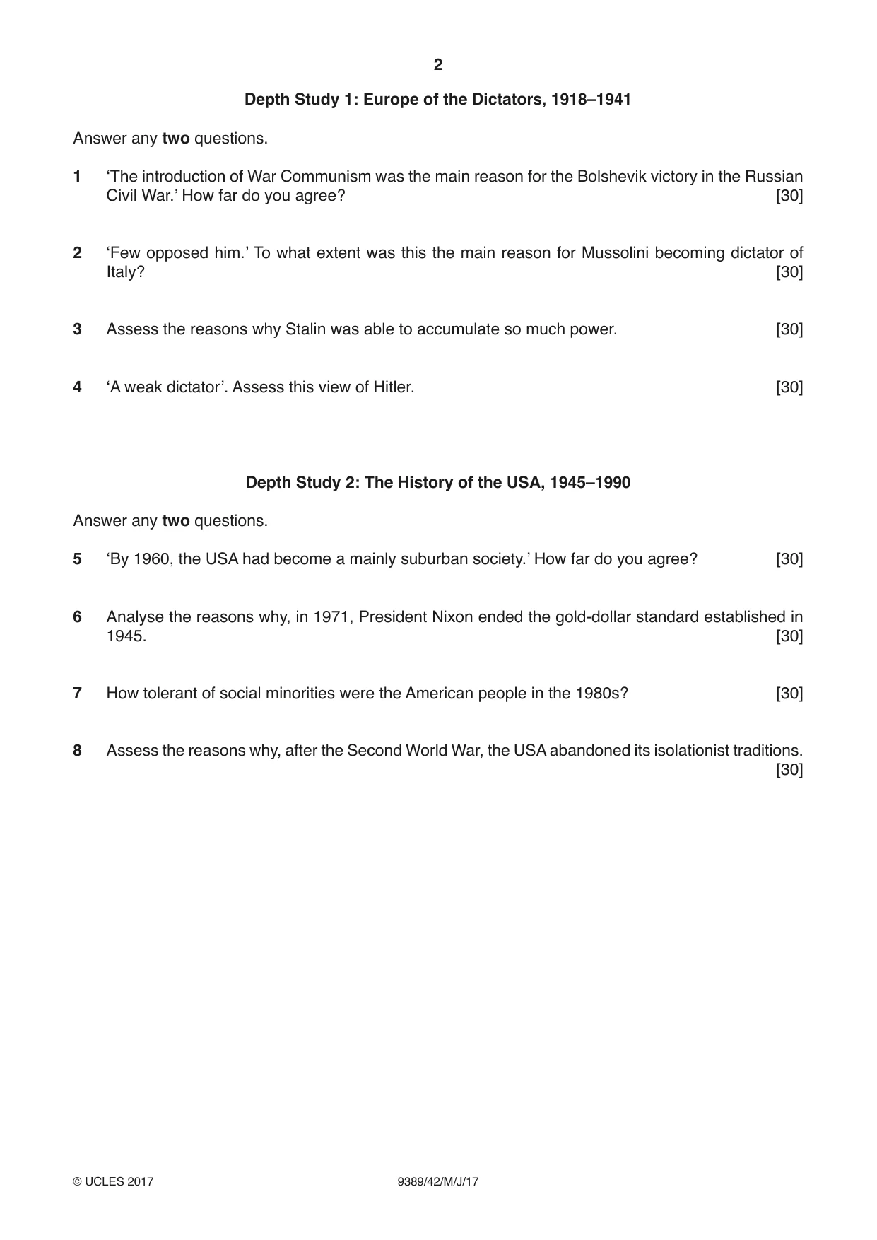 Cambridge A Level History 9389 2017 May/June Paper 4 · Variant 2 question paper, page 2 of 4