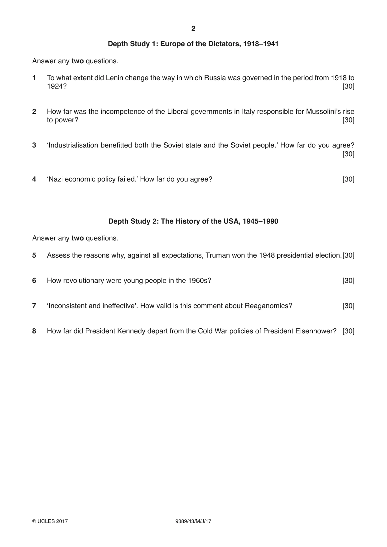Cambridge A Level History 9389 2017 May/June Paper 4 · Variant 3 question paper, page 2 of 4