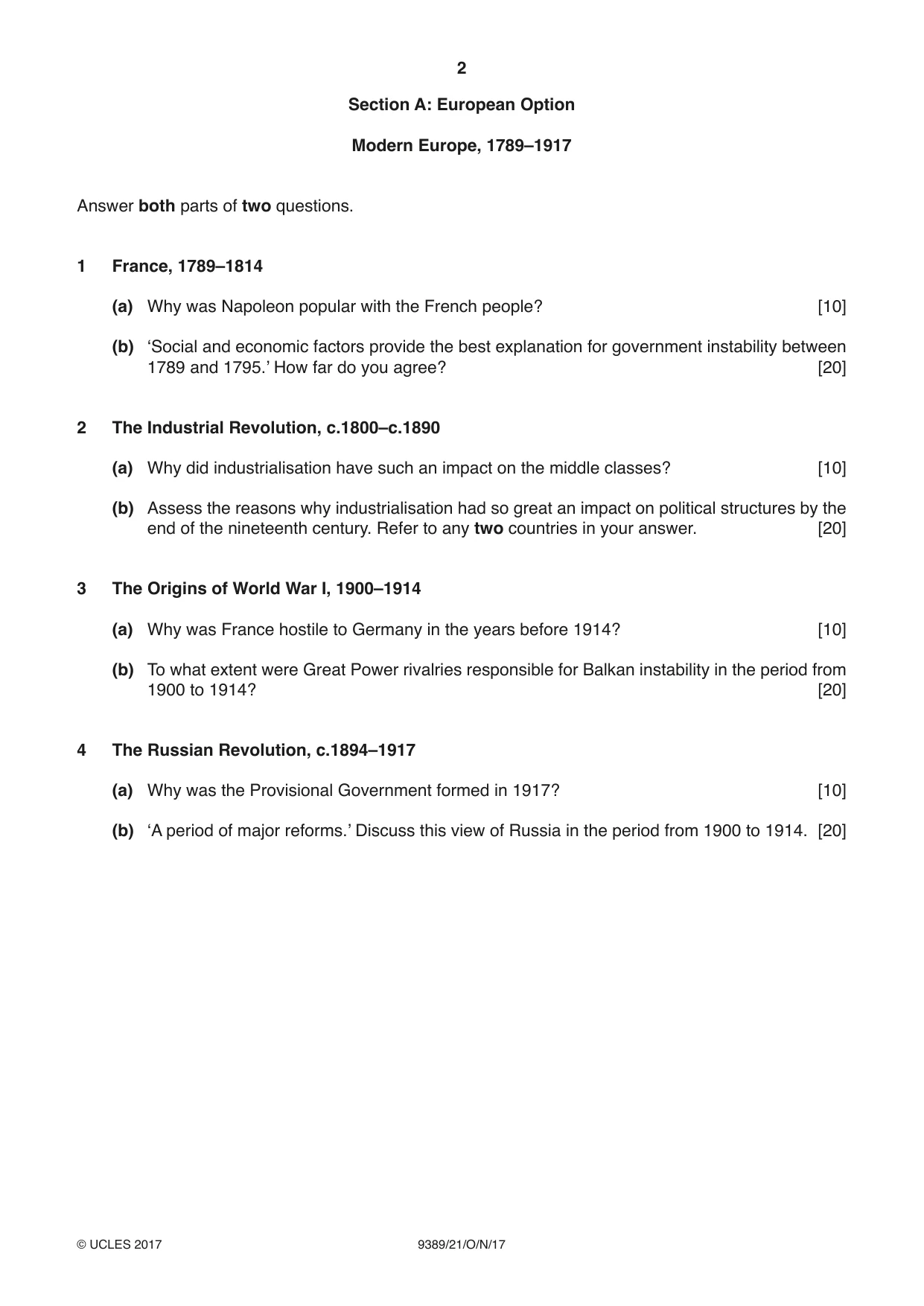 Cambridge A Level History 9389 2017 Oct/Nov Paper 2 · Variant 1 question paper, page 2 of 4
