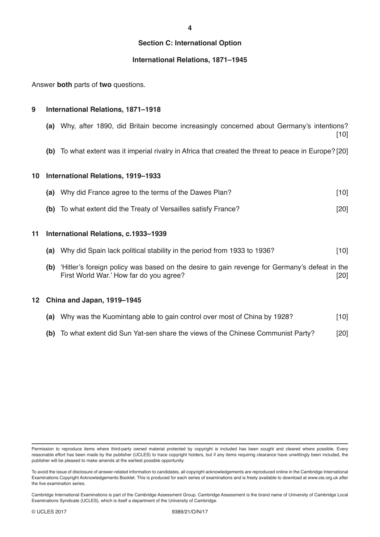 Cambridge A Level History 9389 2017 Oct/Nov Paper 2 · Variant 1 question paper, page 4 of 4