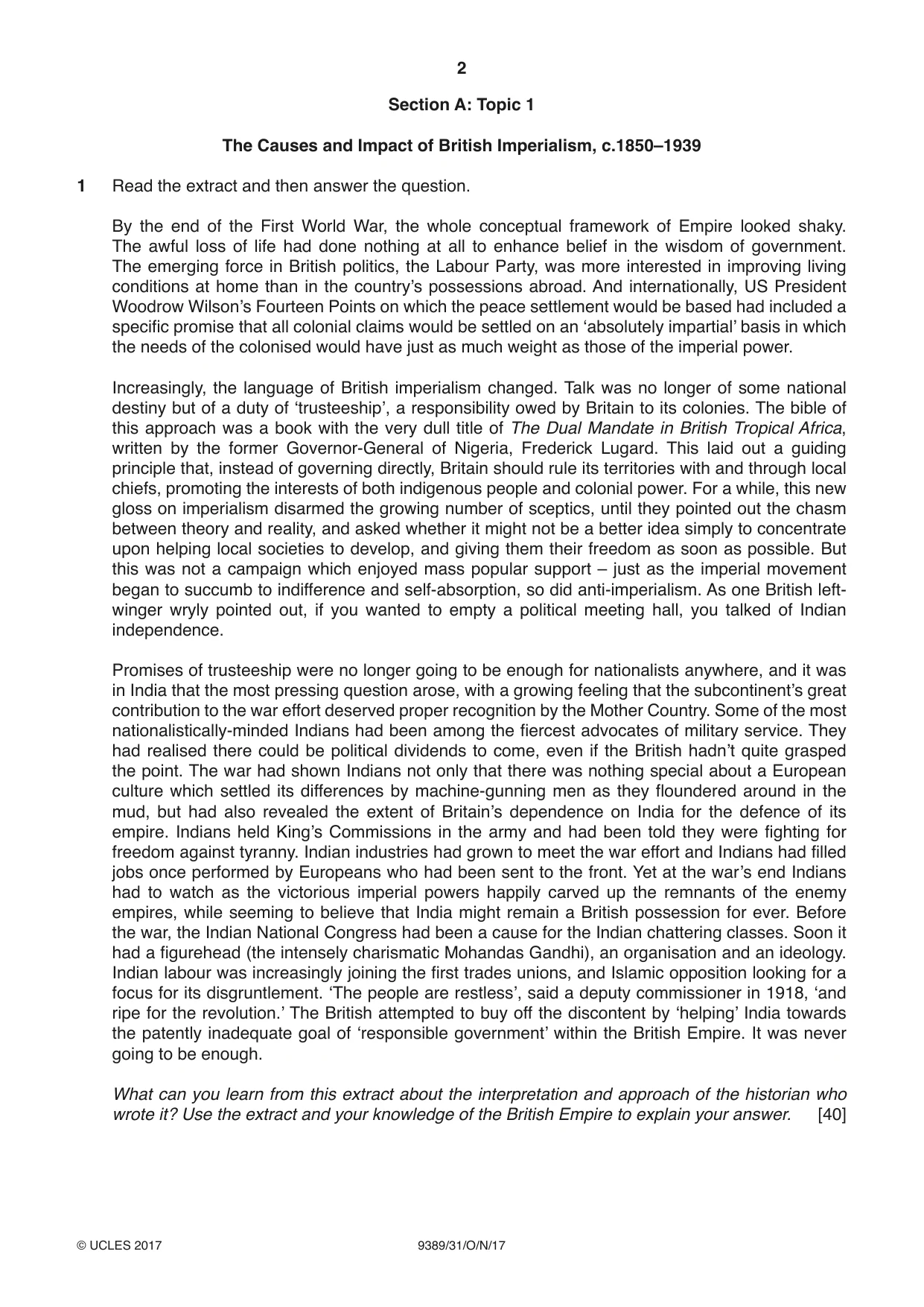 Cambridge A Level History 9389 2017 Oct/Nov Paper 3 · Variant 1 question paper, page 2 of 4