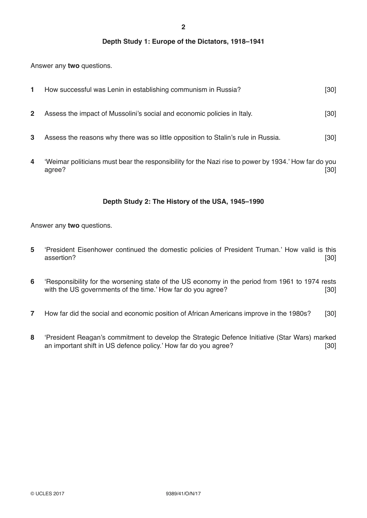 Cambridge A Level History 9389 2017 Oct/Nov Paper 4 · Variant 1 question paper, page 2 of 4