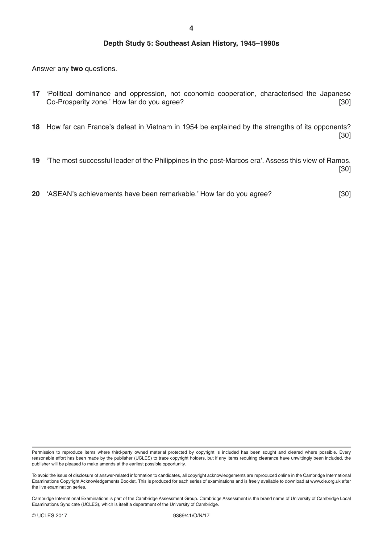 Cambridge A Level History 9389 2017 Oct/Nov Paper 4 · Variant 1 question paper, page 4 of 4