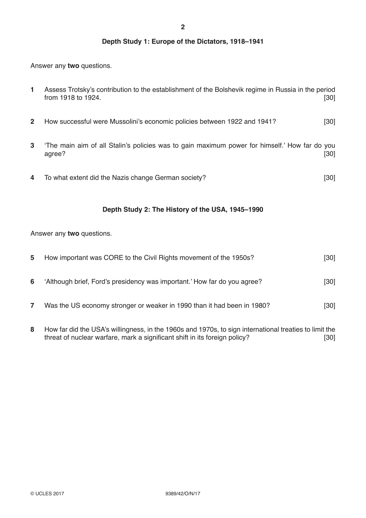 Cambridge A Level History 9389 2017 Oct/Nov Paper 4 · Variant 2 question paper, page 2 of 4