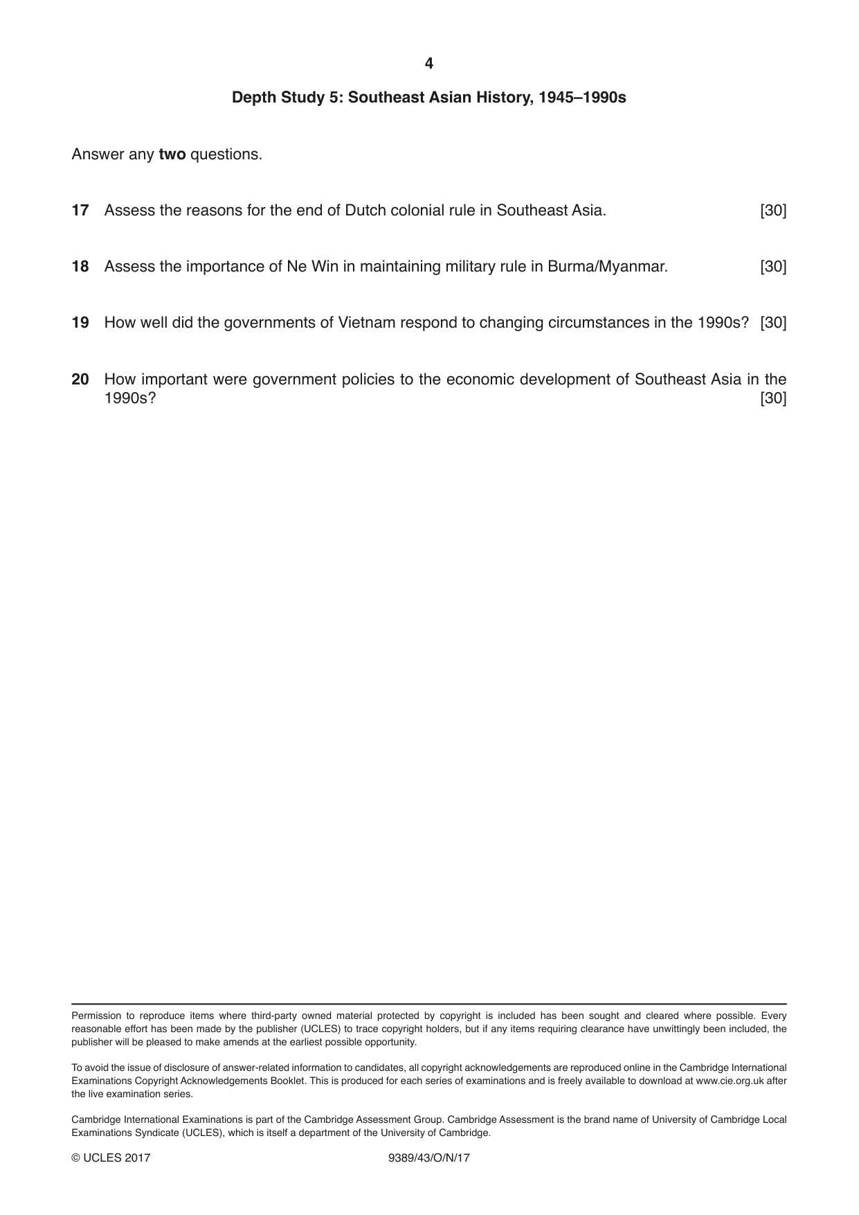 Cambridge A Level History 9389 2017 Oct/Nov Paper 4 · Variant 3 question paper, page 4 of 4