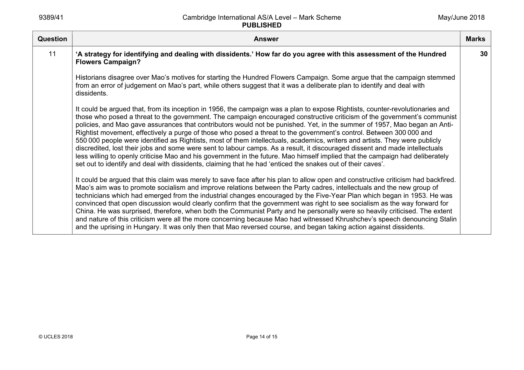 Mark scheme, page 14 of 15