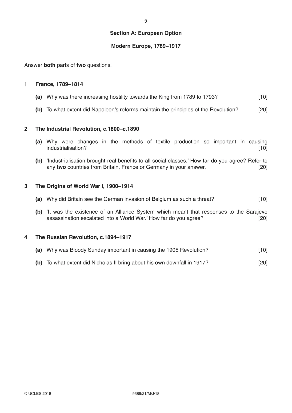 Cambridge A Level History 9389 2018 May/June Paper 2 · Variant 1 question paper, page 2 of 4
