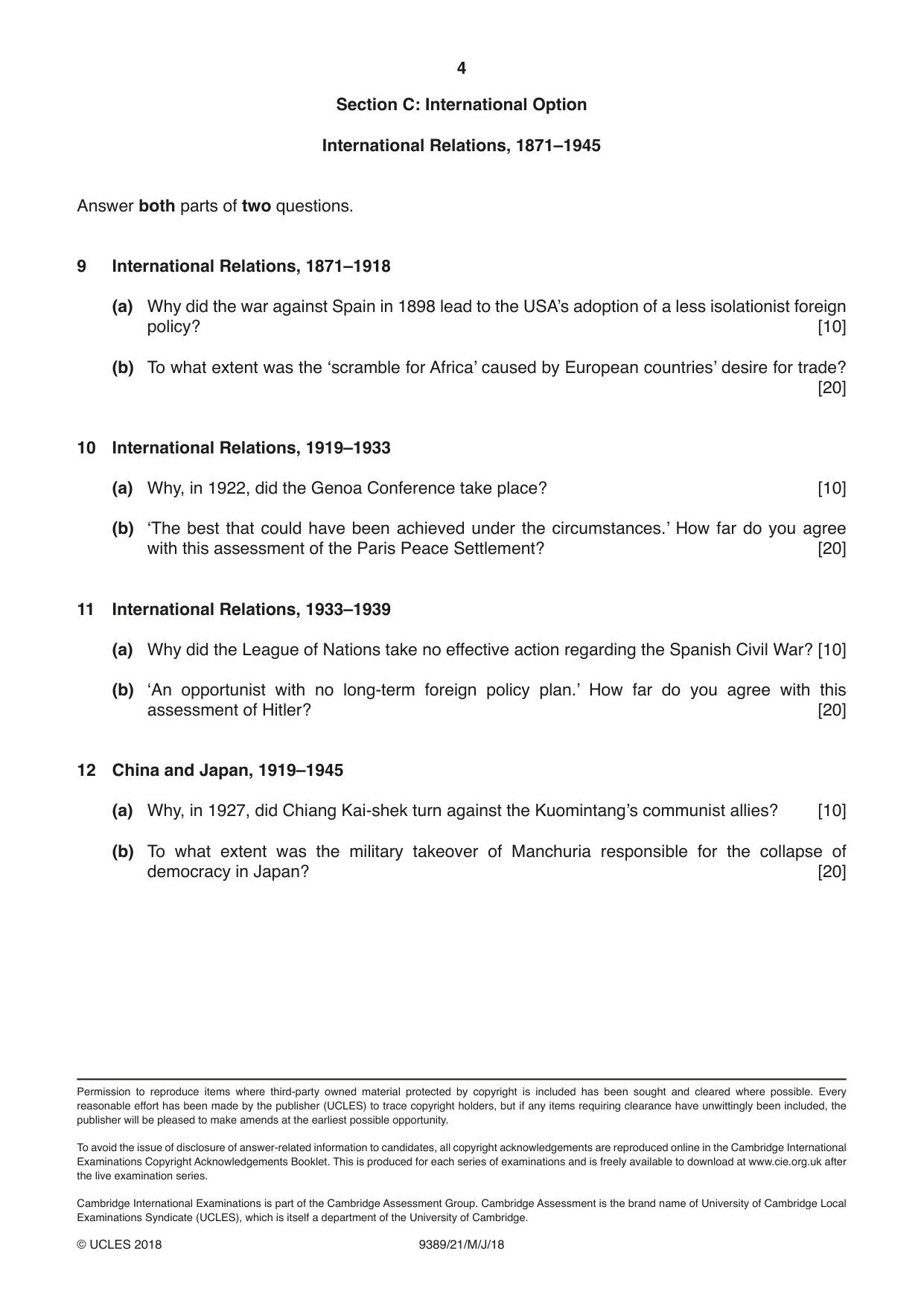 Cambridge A Level History 9389 2018 May/June Paper 2 · Variant 1 question paper, page 4 of 4