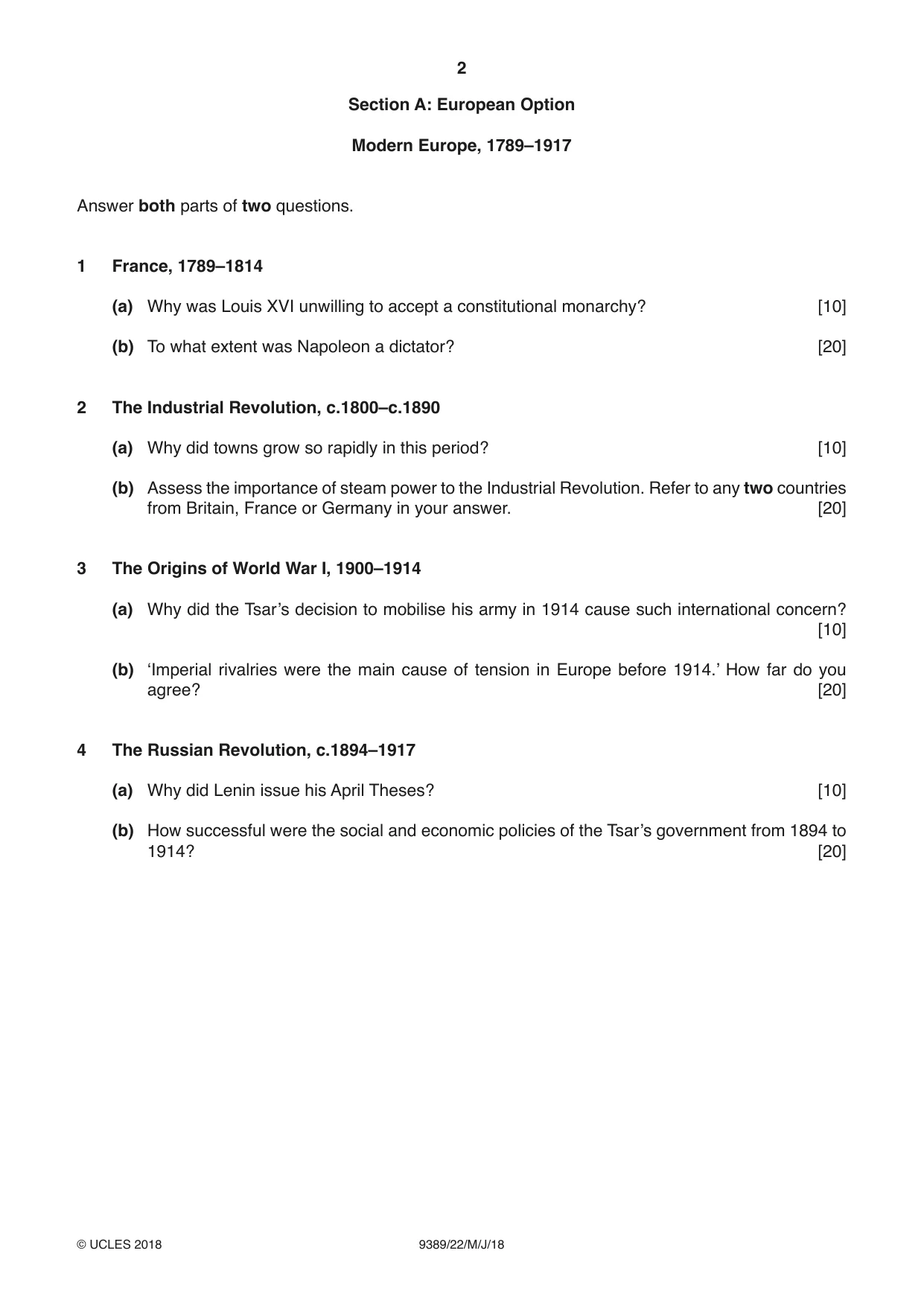Cambridge A Level History 9389 2018 May/June Paper 2 · Variant 2 question paper, page 2 of 4