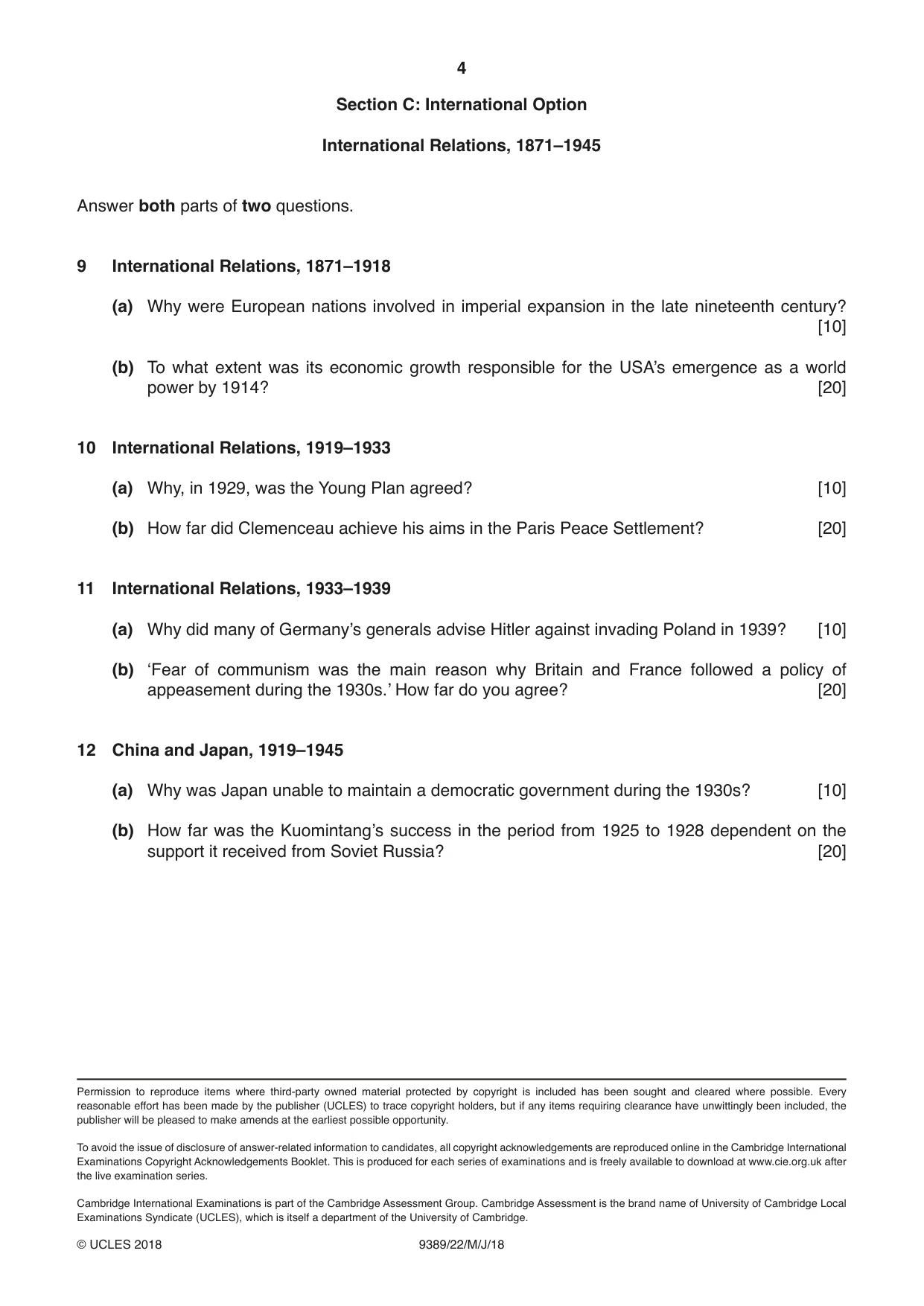 Cambridge A Level History 9389 2018 May/June Paper 2 · Variant 2 question paper, page 4 of 4