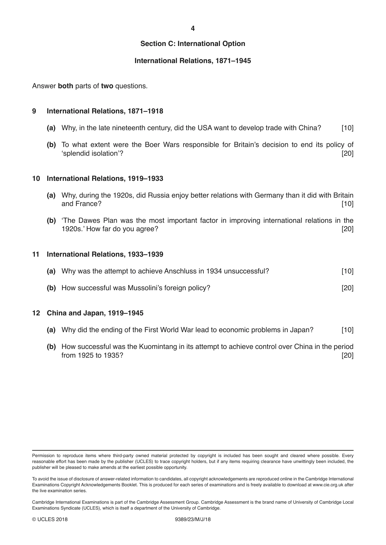 Cambridge A Level History 9389 2018 May/June Paper 2 · Variant 3 question paper, page 4 of 4