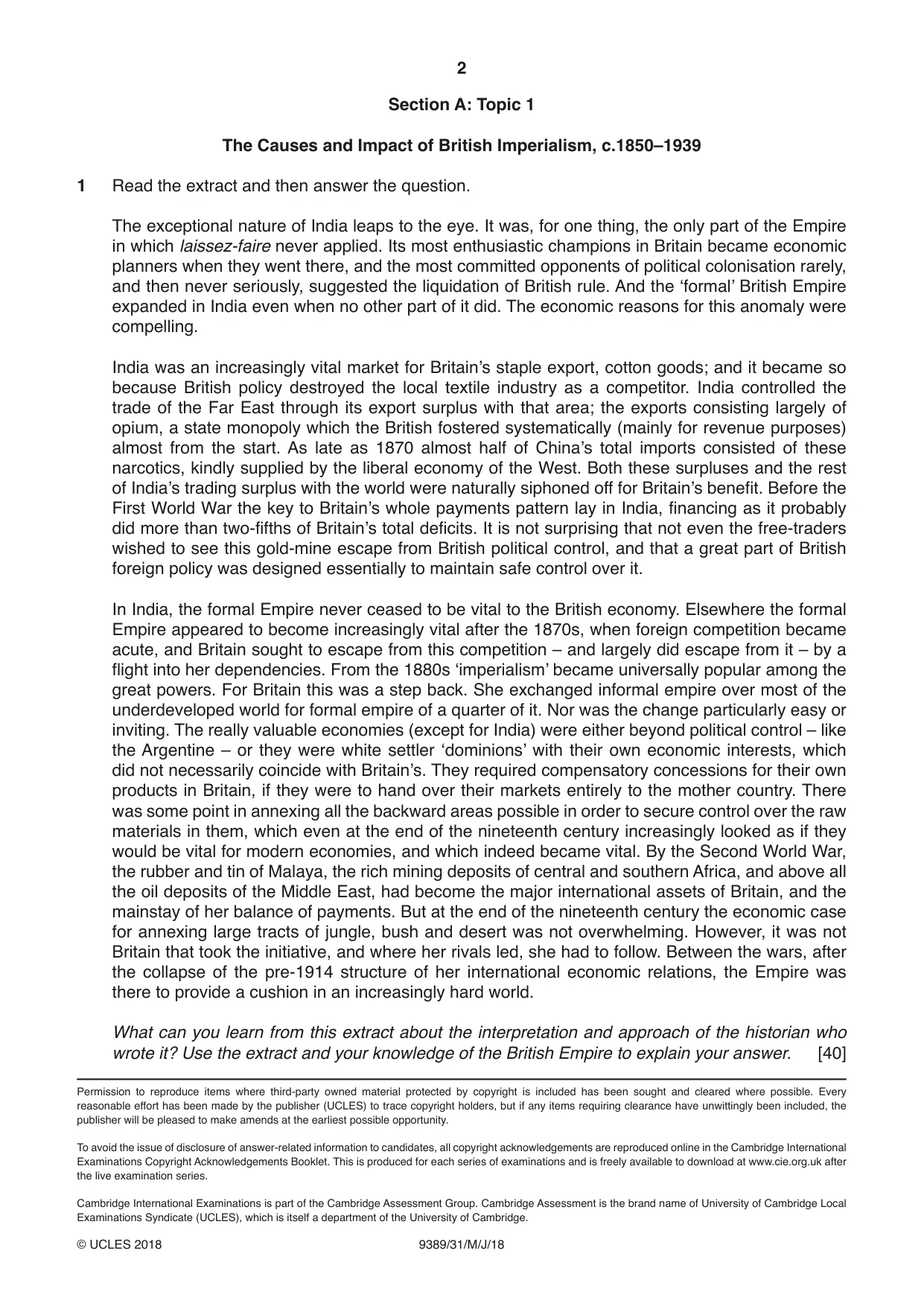 Cambridge A Level History 9389 2018 May/June Paper 3 · Variant 1 question paper, page 2 of 4