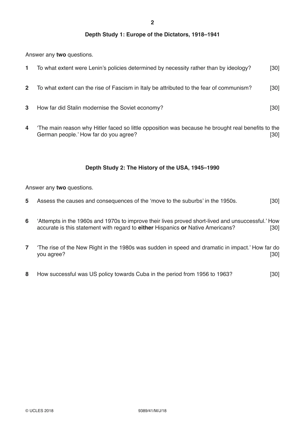 Cambridge A Level History 9389 2018 May/June Paper 4 · Variant 1 question paper, page 2 of 4