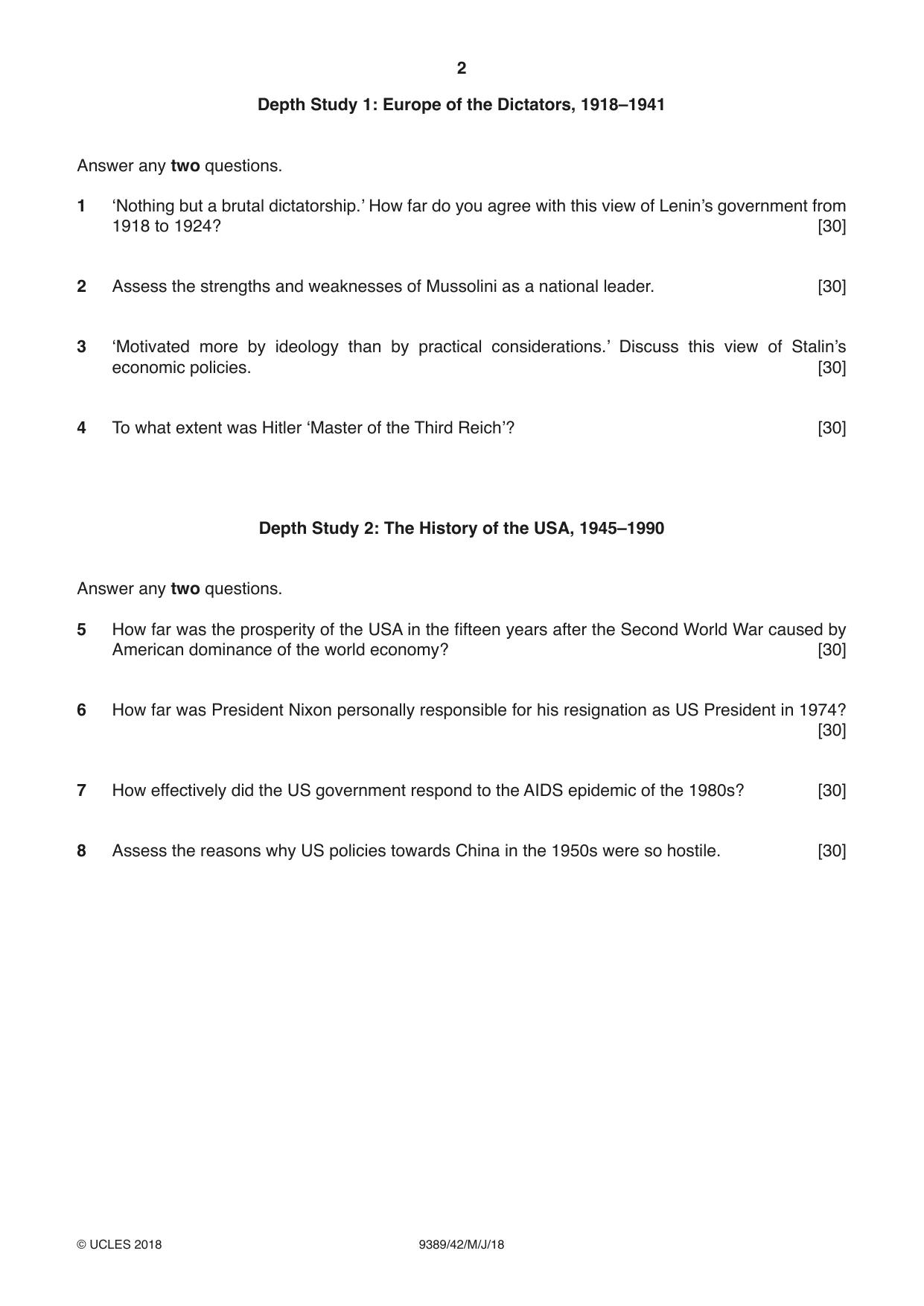 Cambridge A Level History 9389 2018 May/June Paper 4 · Variant 2 question paper, page 2 of 4