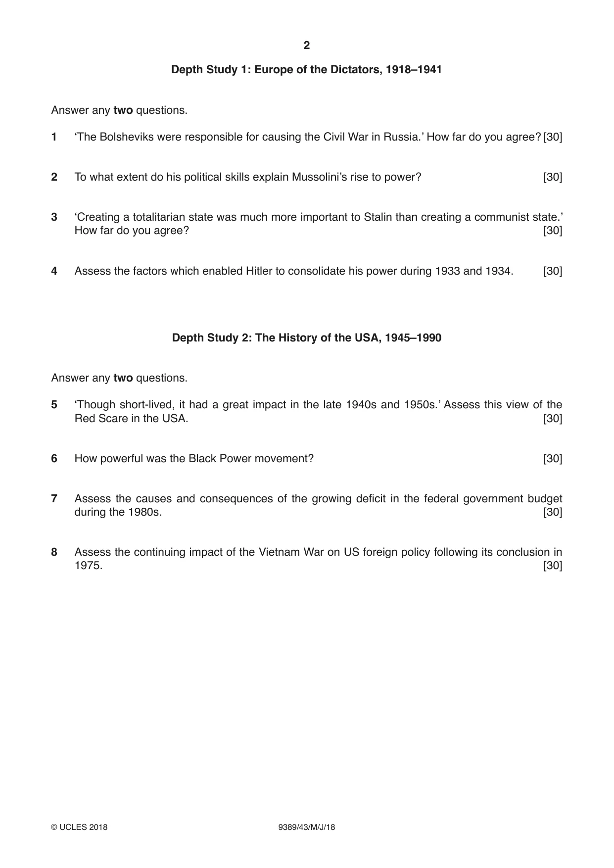 Cambridge A Level History 9389 2018 May/June Paper 4 · Variant 3 question paper, page 2 of 4