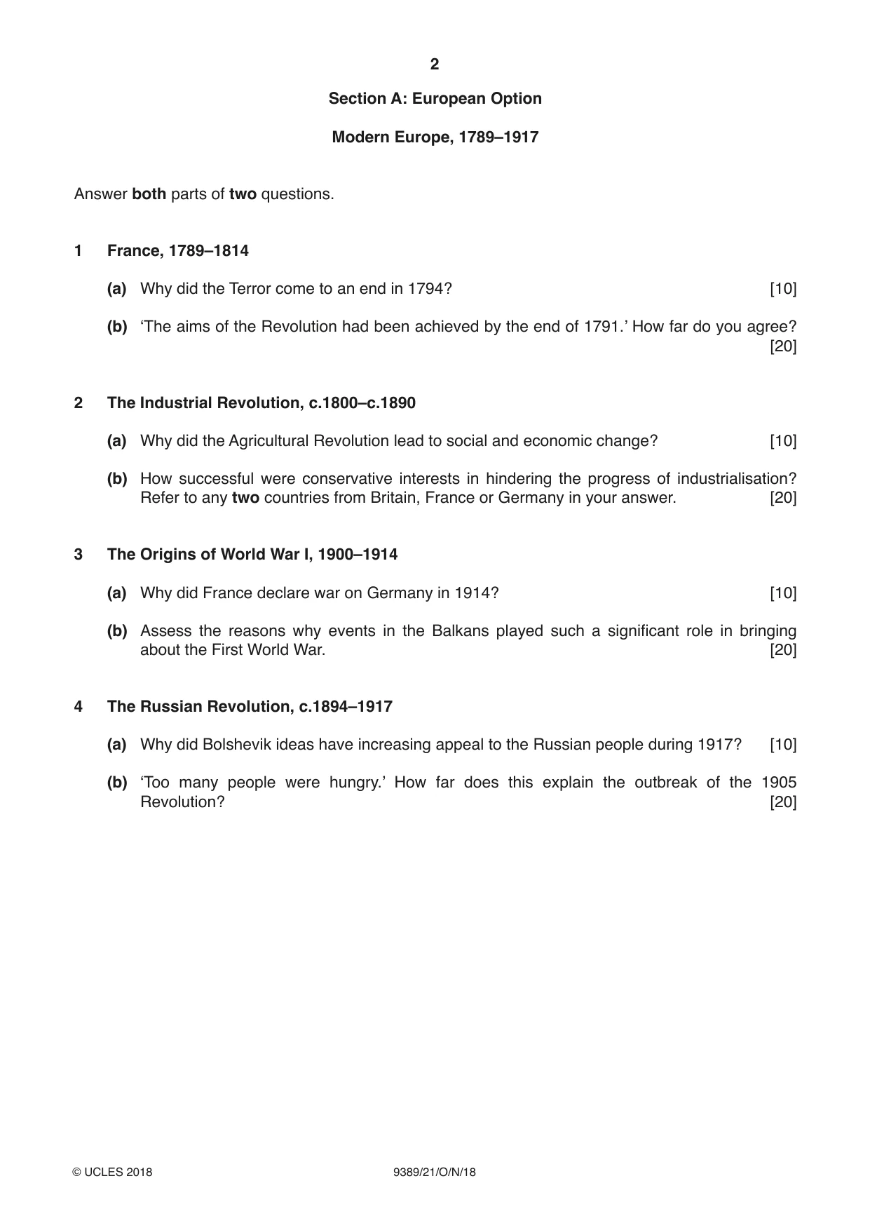 Cambridge A Level History 9389 2018 Oct/Nov Paper 2 · Variant 1 question paper, page 2 of 4