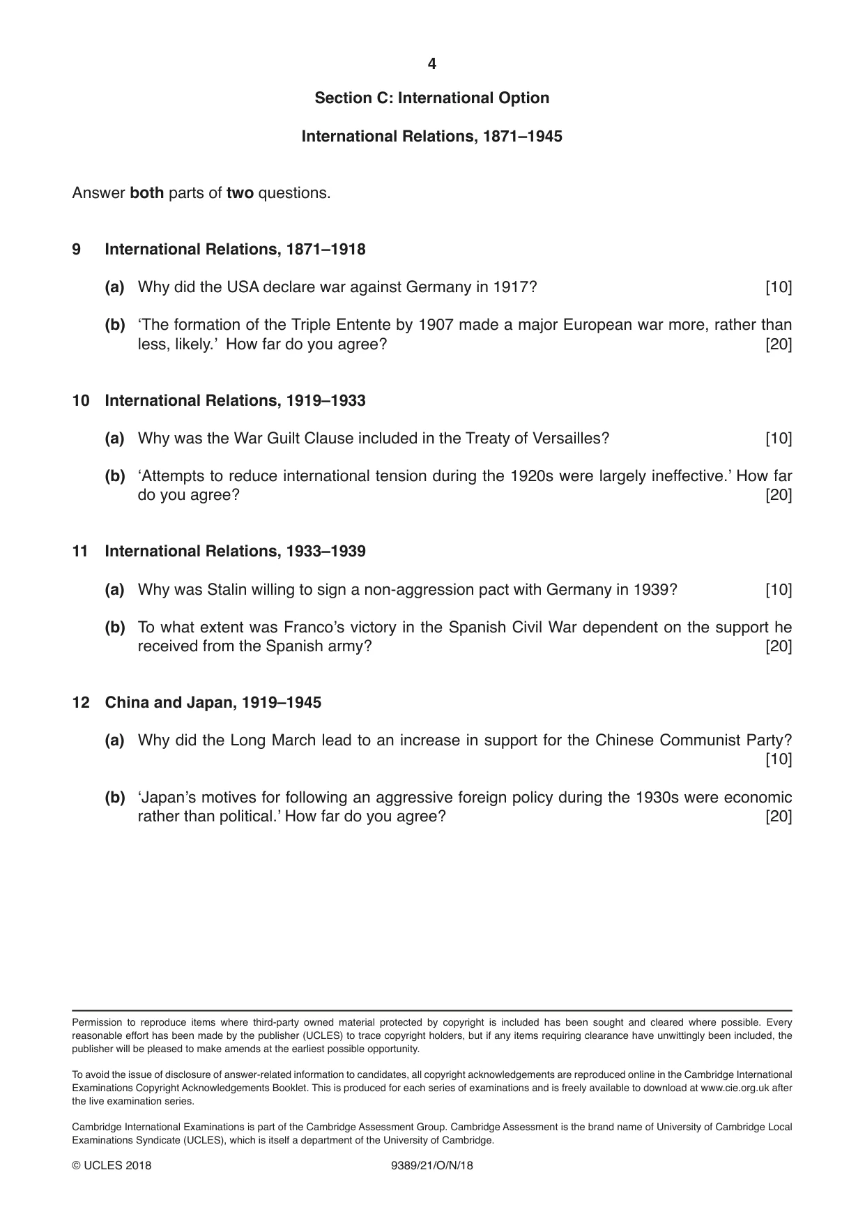 Cambridge A Level History 9389 2018 Oct/Nov Paper 2 · Variant 1 question paper, page 4 of 4