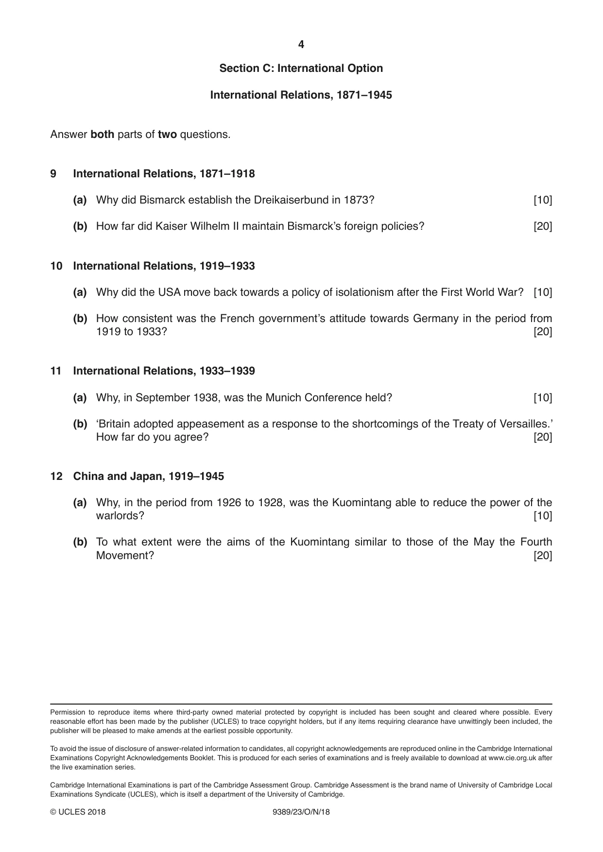 Cambridge A Level History 9389 2018 Oct/Nov Paper 2 · Variant 3 question paper, page 4 of 4