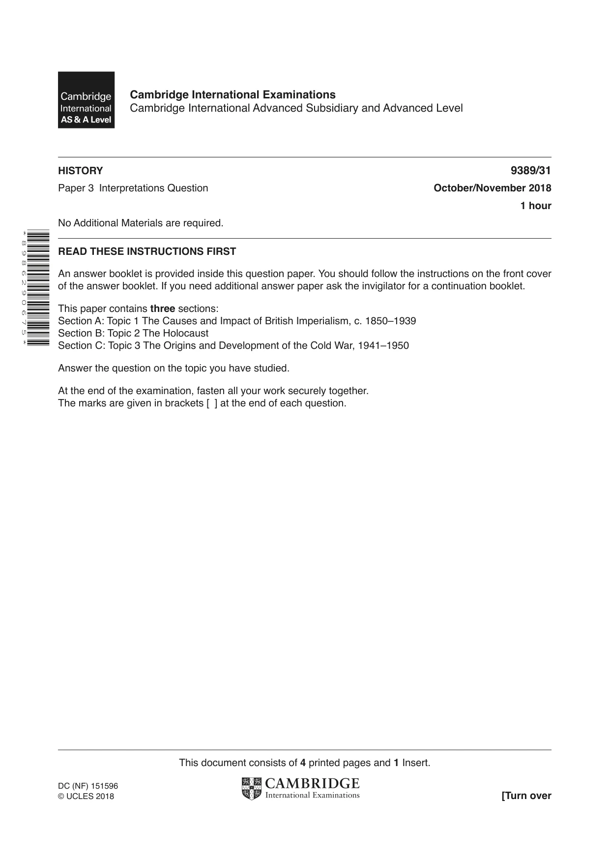 Cambridge A Level History 9389 2018 Oct/Nov Paper 3 · Variant 1 question paper, page 1 of 4