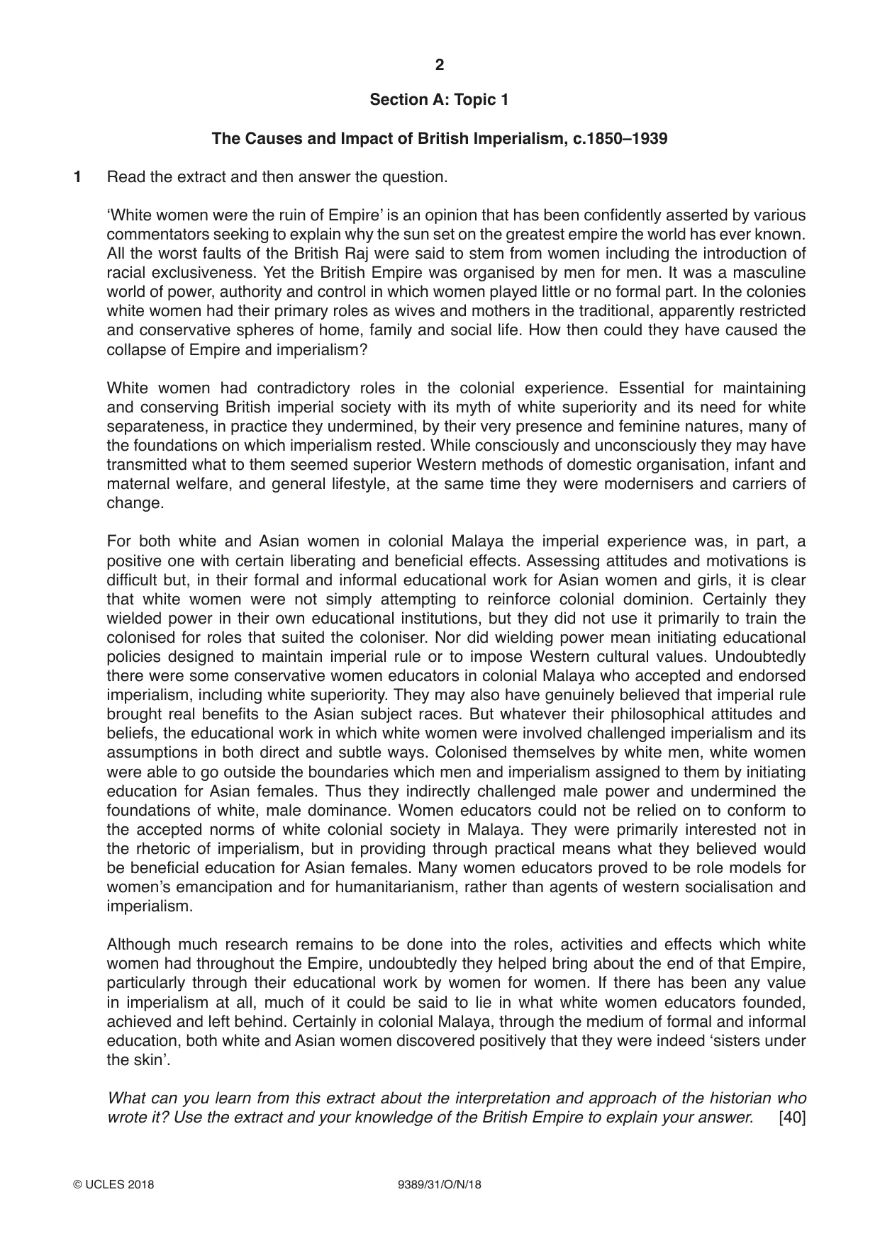 Cambridge A Level History 9389 2018 Oct/Nov Paper 3 · Variant 1 question paper, page 2 of 4