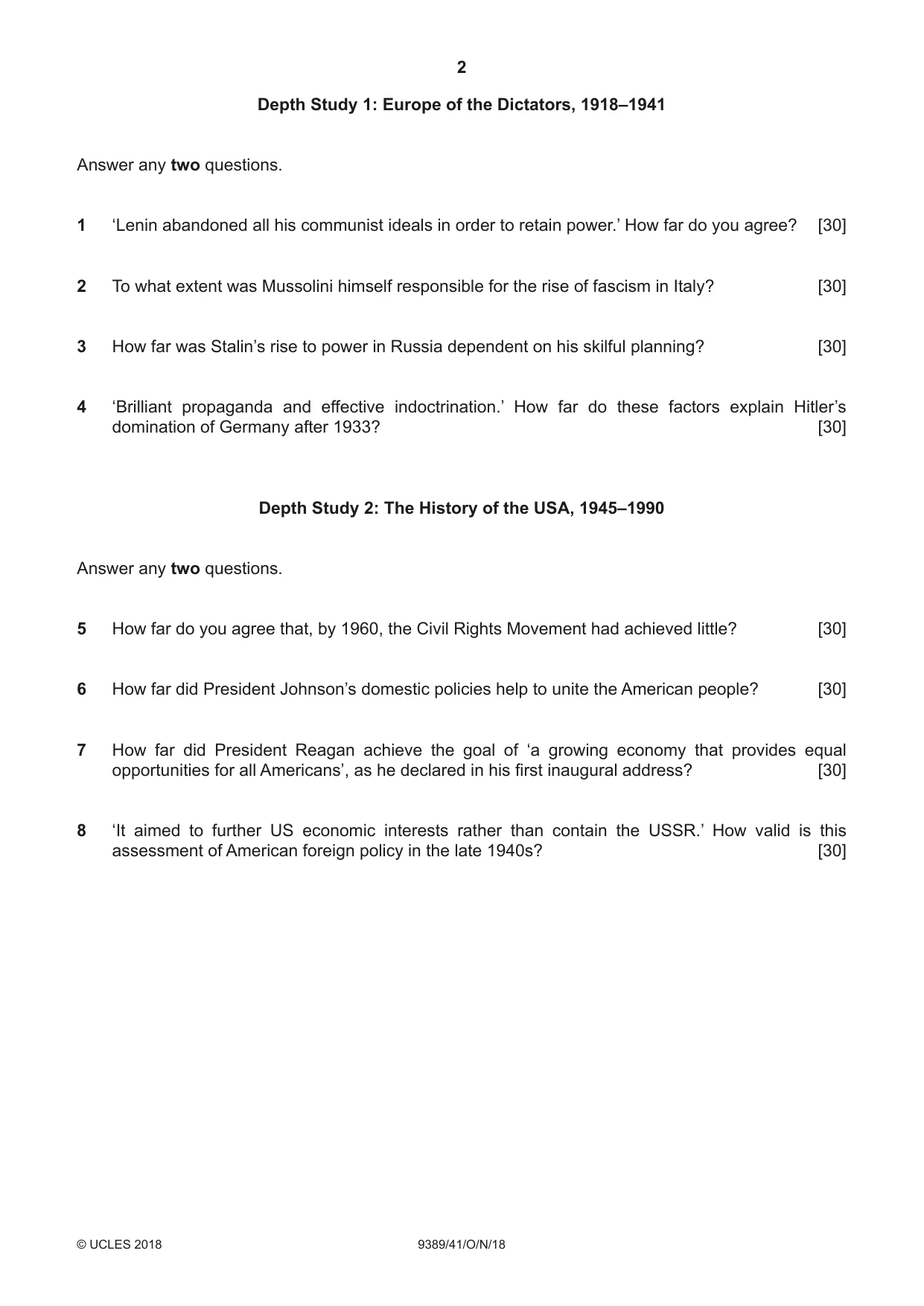 Cambridge A Level History 9389 2018 Oct/Nov Paper 4 · Variant 1 question paper, page 2 of 4