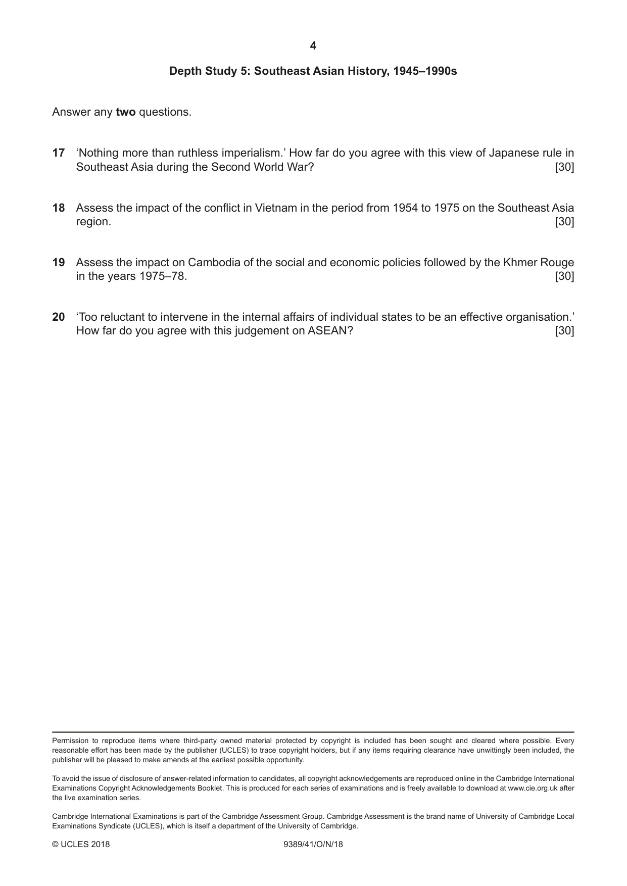 Cambridge A Level History 9389 2018 Oct/Nov Paper 4 · Variant 1 question paper, page 4 of 4