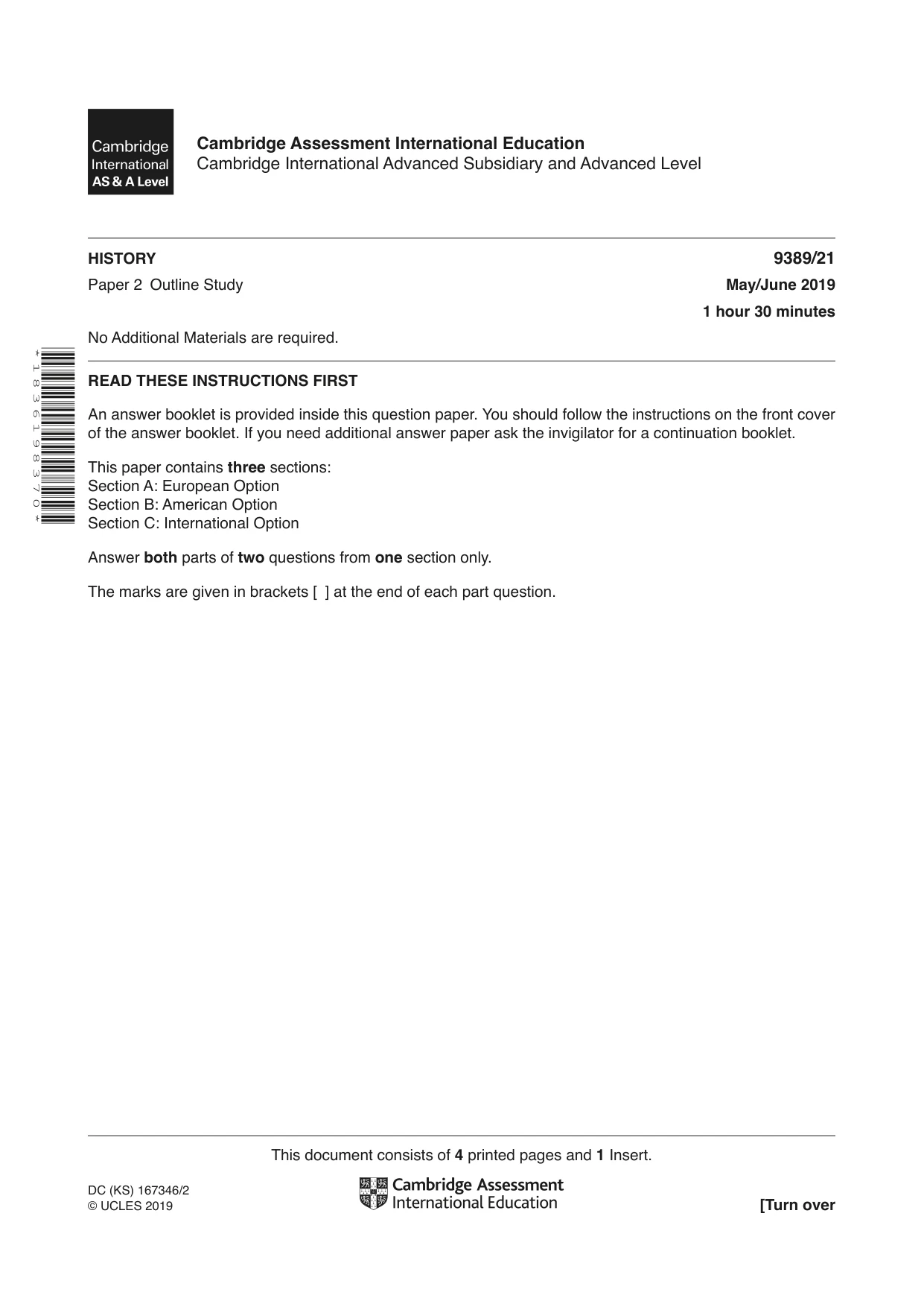 Cambridge A Level History 9389 2019 May/June Paper 2 · Variant 1 question paper, page 1 of 4