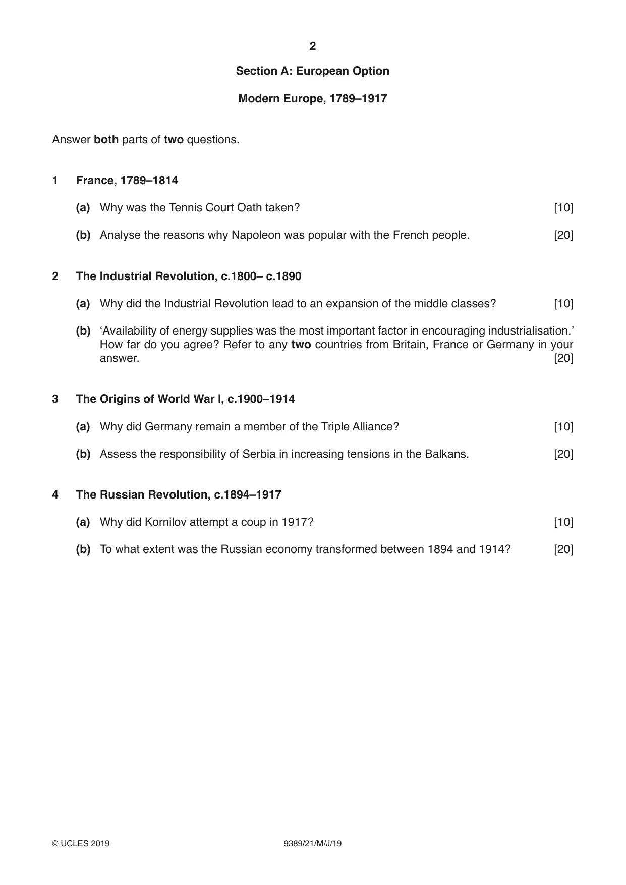 Cambridge A Level History 9389 2019 May/June Paper 2 · Variant 1 question paper, page 2 of 4