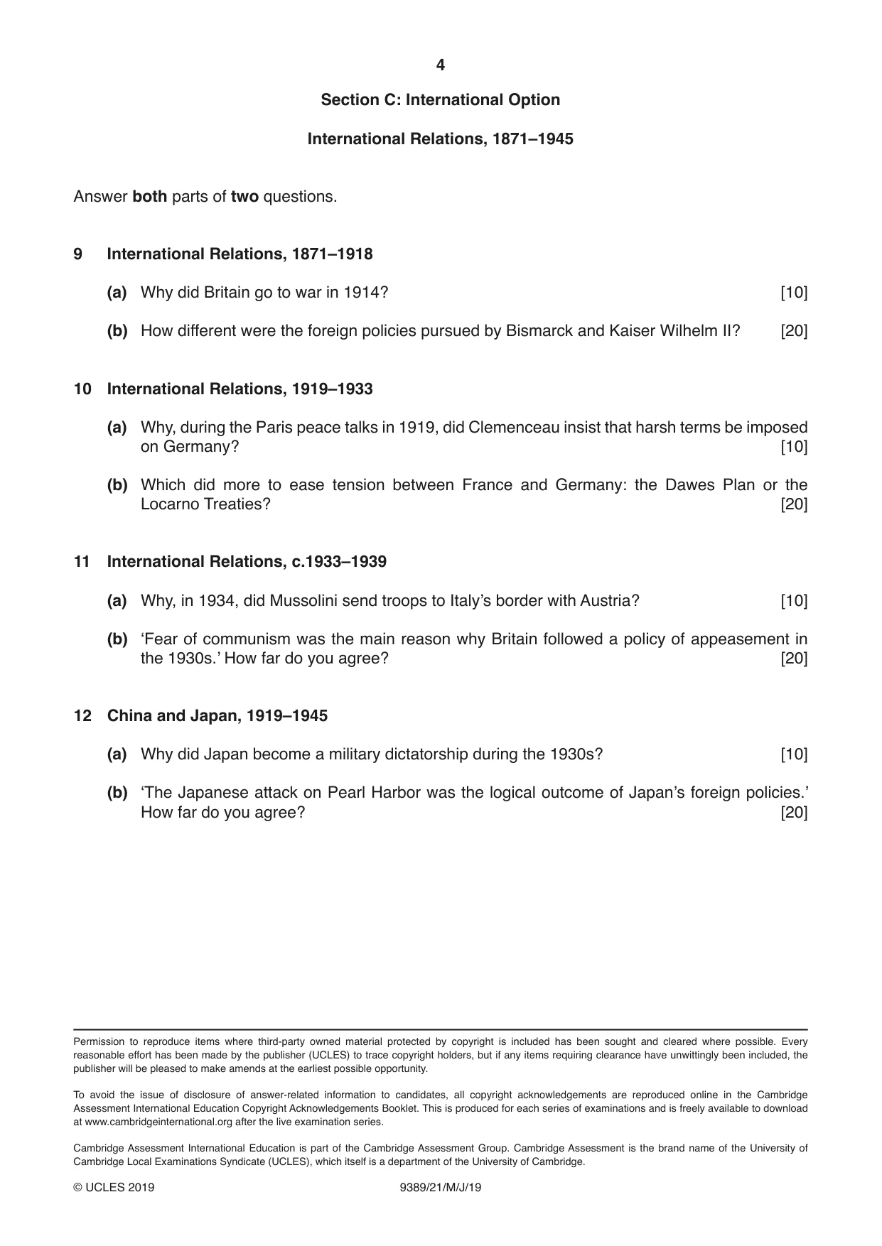Cambridge A Level History 9389 2019 May/June Paper 2 · Variant 1 question paper, page 4 of 4