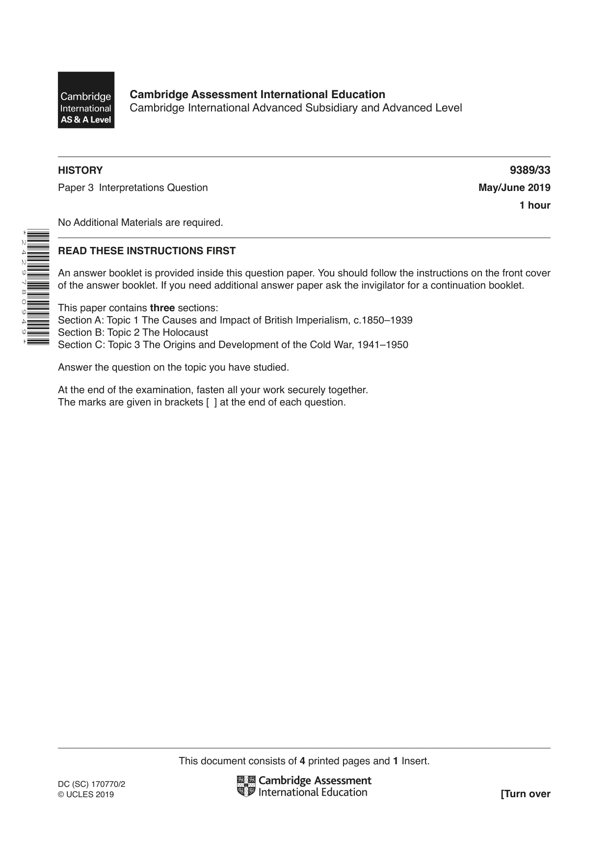 Cambridge A Level History 9389 2019 May/June Paper 3 · Variant 3 question paper, page 1 of 4