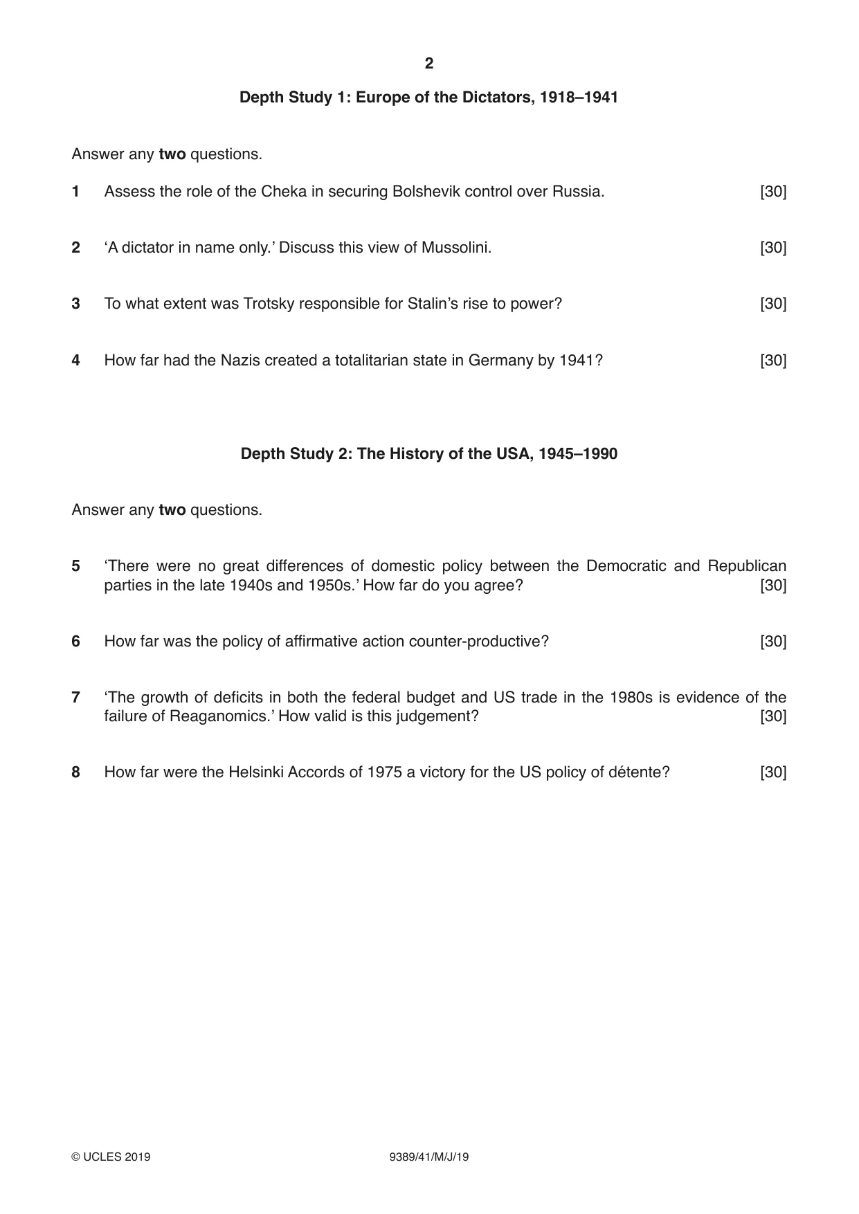 Cambridge A Level History 9389 2019 May/June Paper 4 · Variant 1 question paper, page 2 of 4