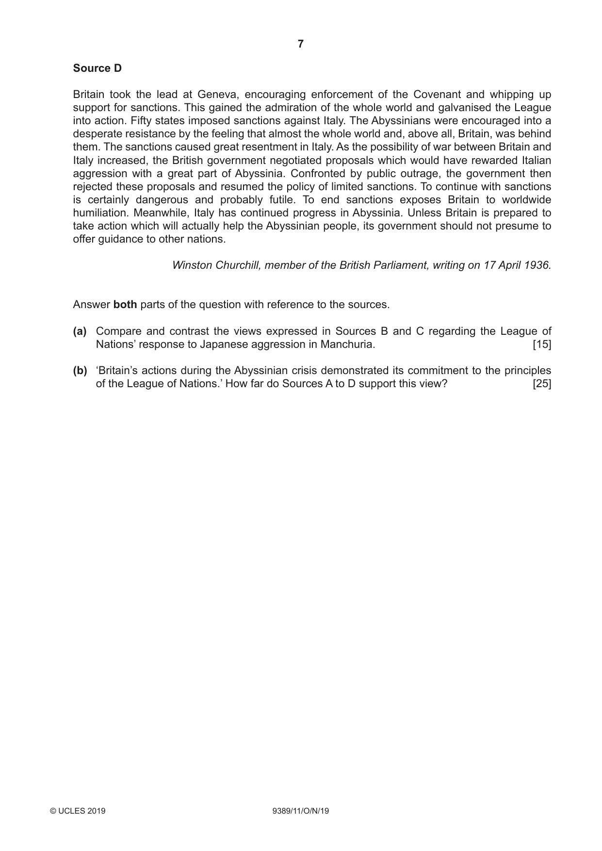 Cambridge A Level History 9389 2019 Oct/Nov Paper 1 · Variant 1 question paper, page 7 of 8