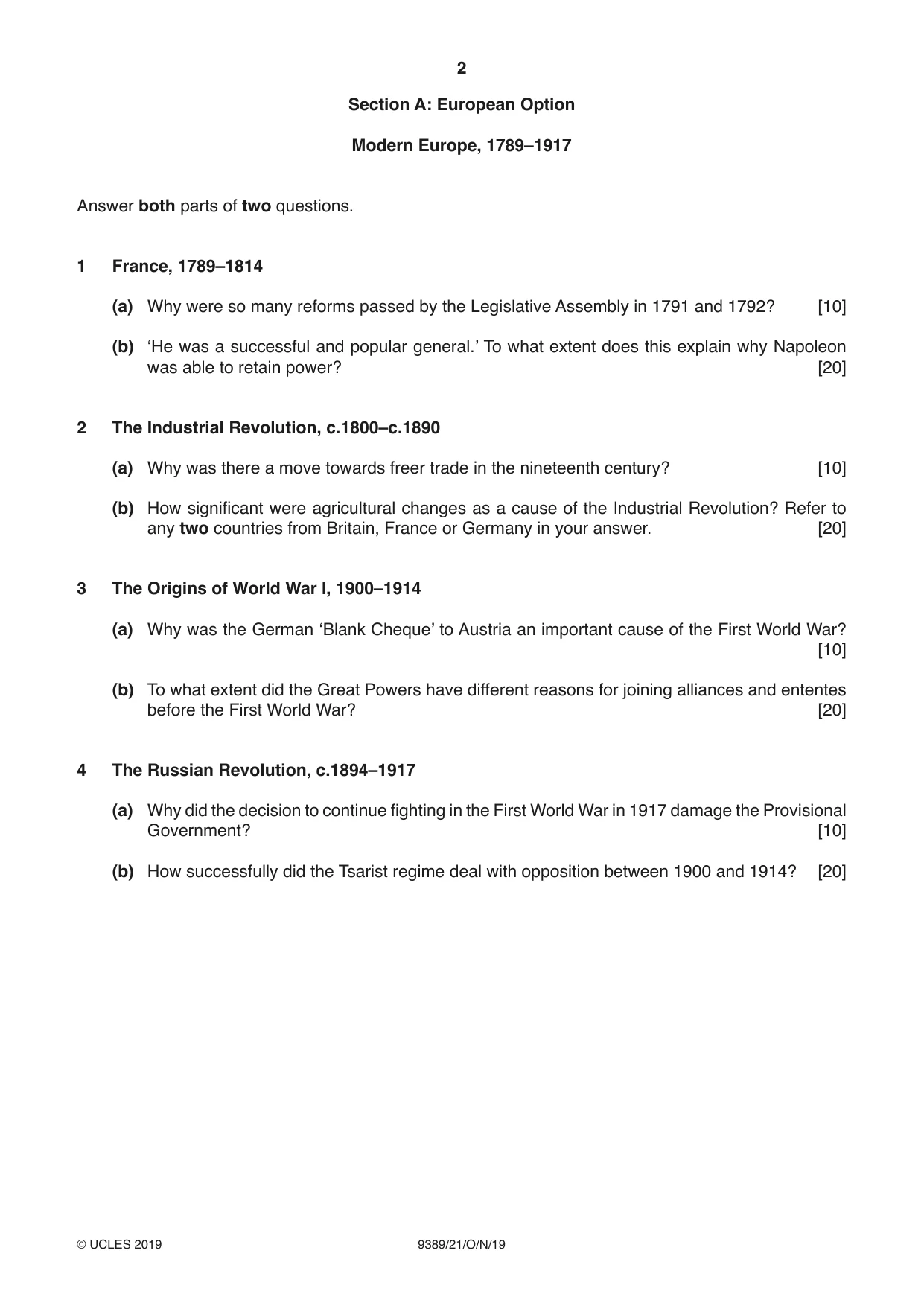 Cambridge A Level History 9389 2019 Oct/Nov Paper 2 · Variant 1 question paper, page 2 of 4