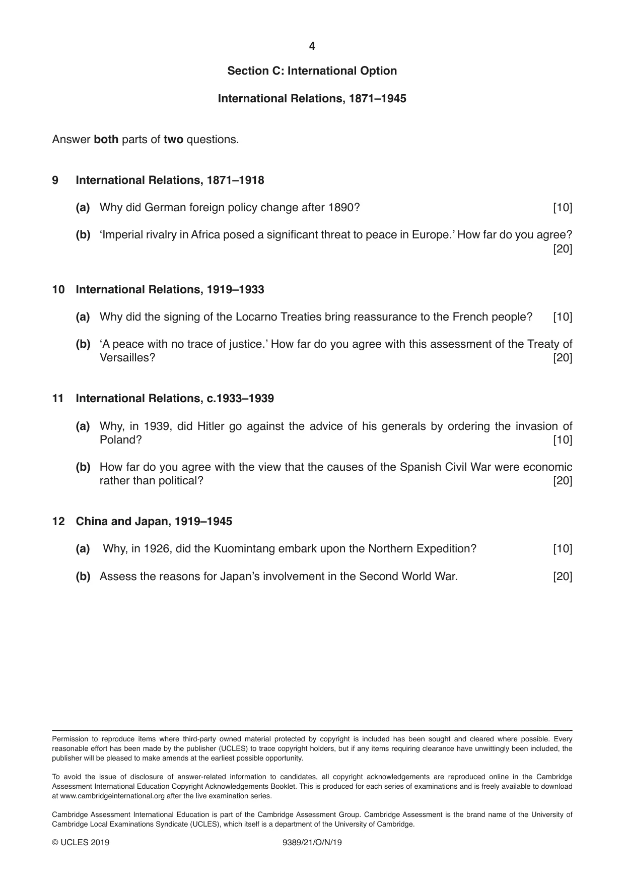 Cambridge A Level History 9389 2019 Oct/Nov Paper 2 · Variant 1 question paper, page 4 of 4