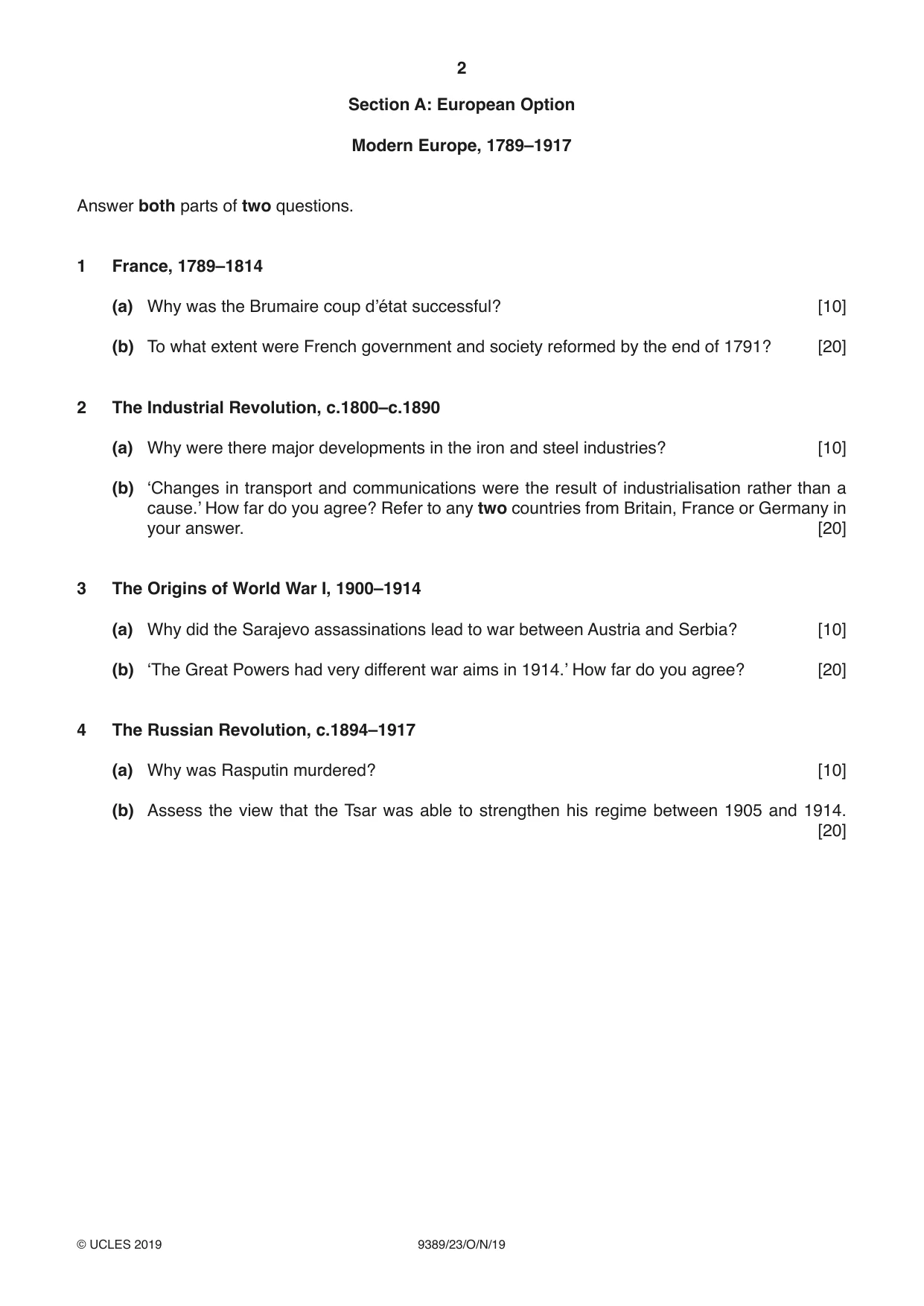 Cambridge A Level History 9389 2019 Oct/Nov Paper 2 · Variant 3 question paper, page 2 of 4