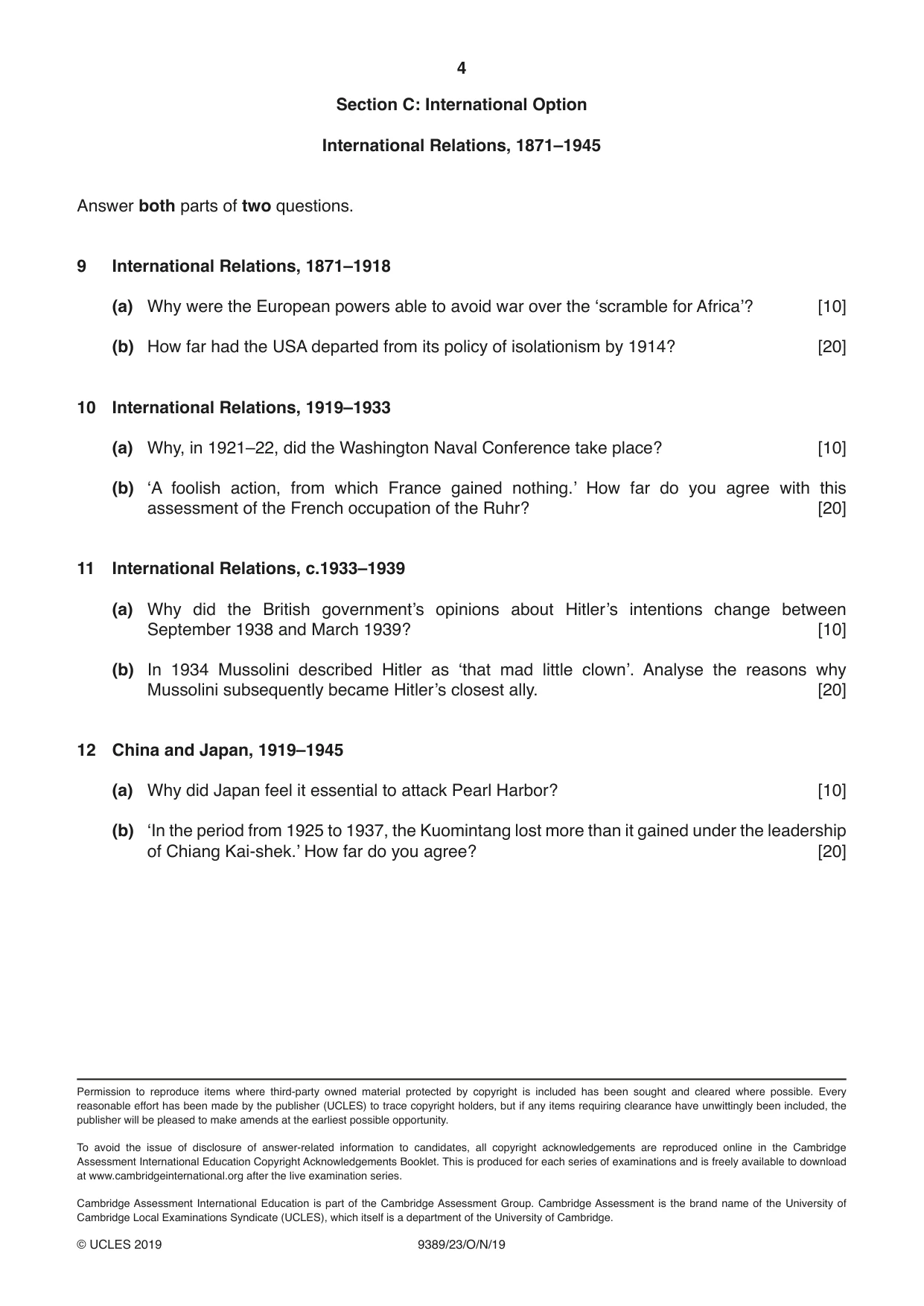 Cambridge A Level History 9389 2019 Oct/Nov Paper 2 · Variant 3 question paper, page 4 of 4