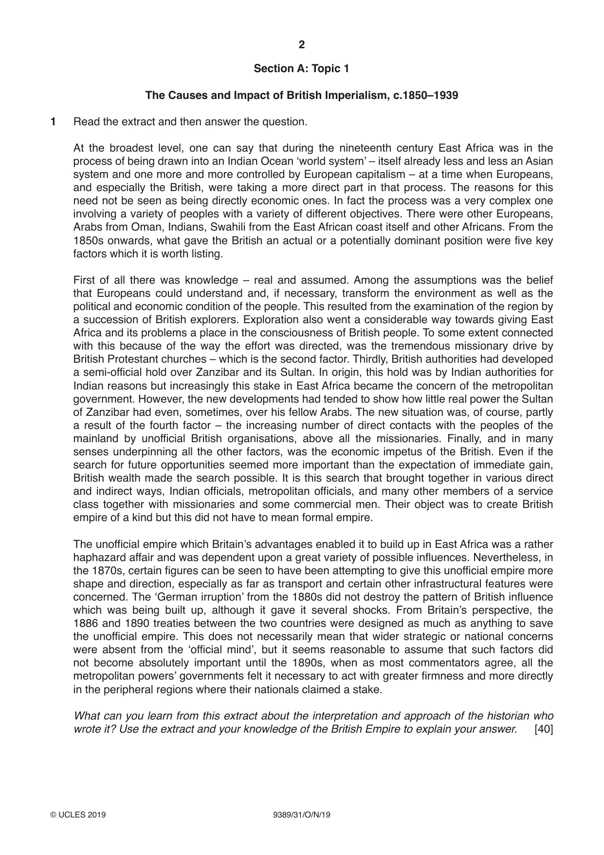 Cambridge A Level History 9389 2019 Oct/Nov Paper 3 · Variant 1 question paper, page 2 of 4