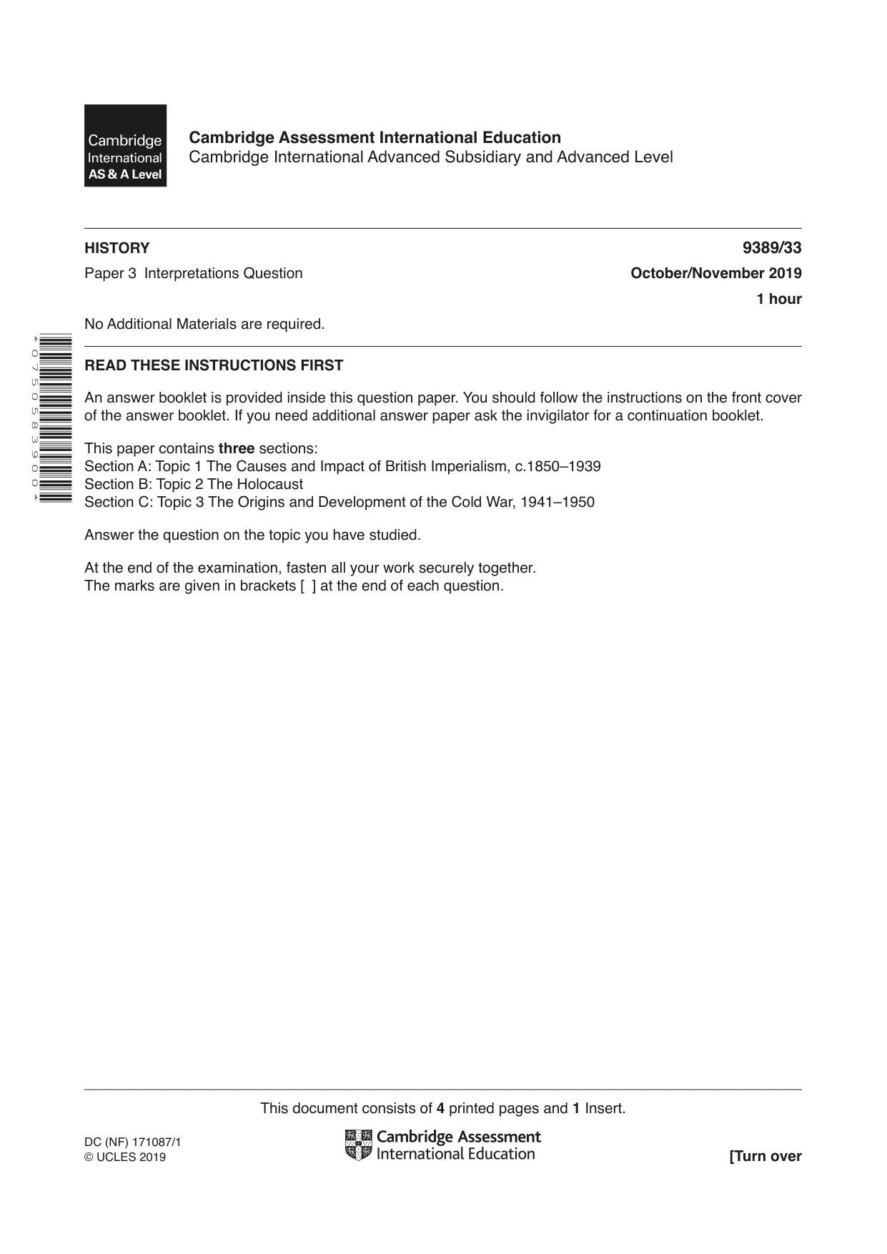 Cambridge A Level History 9389 2019 Oct/Nov Paper 3 · Variant 3 question paper, page 1 of 4