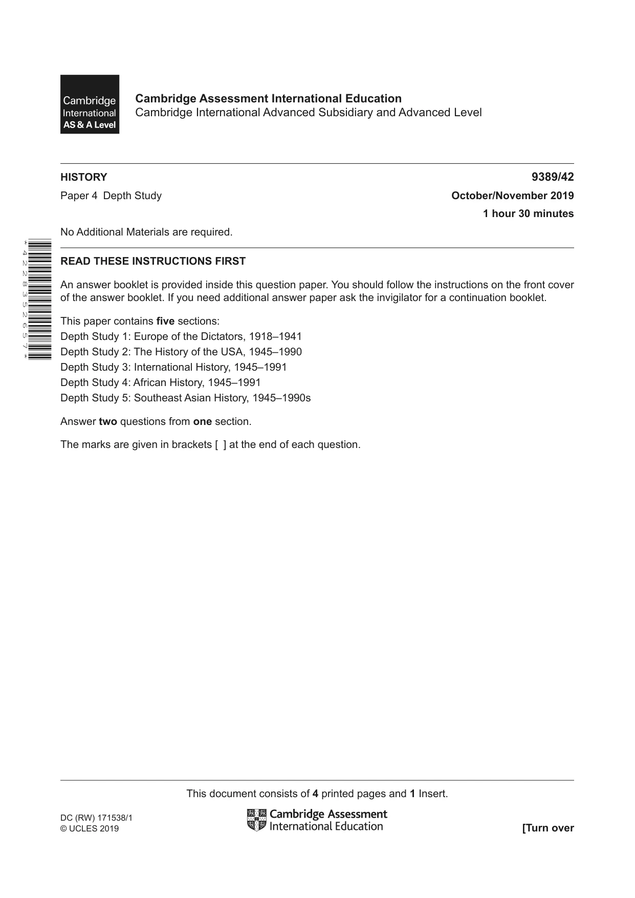 Cambridge A Level History 9389 2019 Oct/Nov Paper 4 · Variant 2 question paper, page 1 of 4